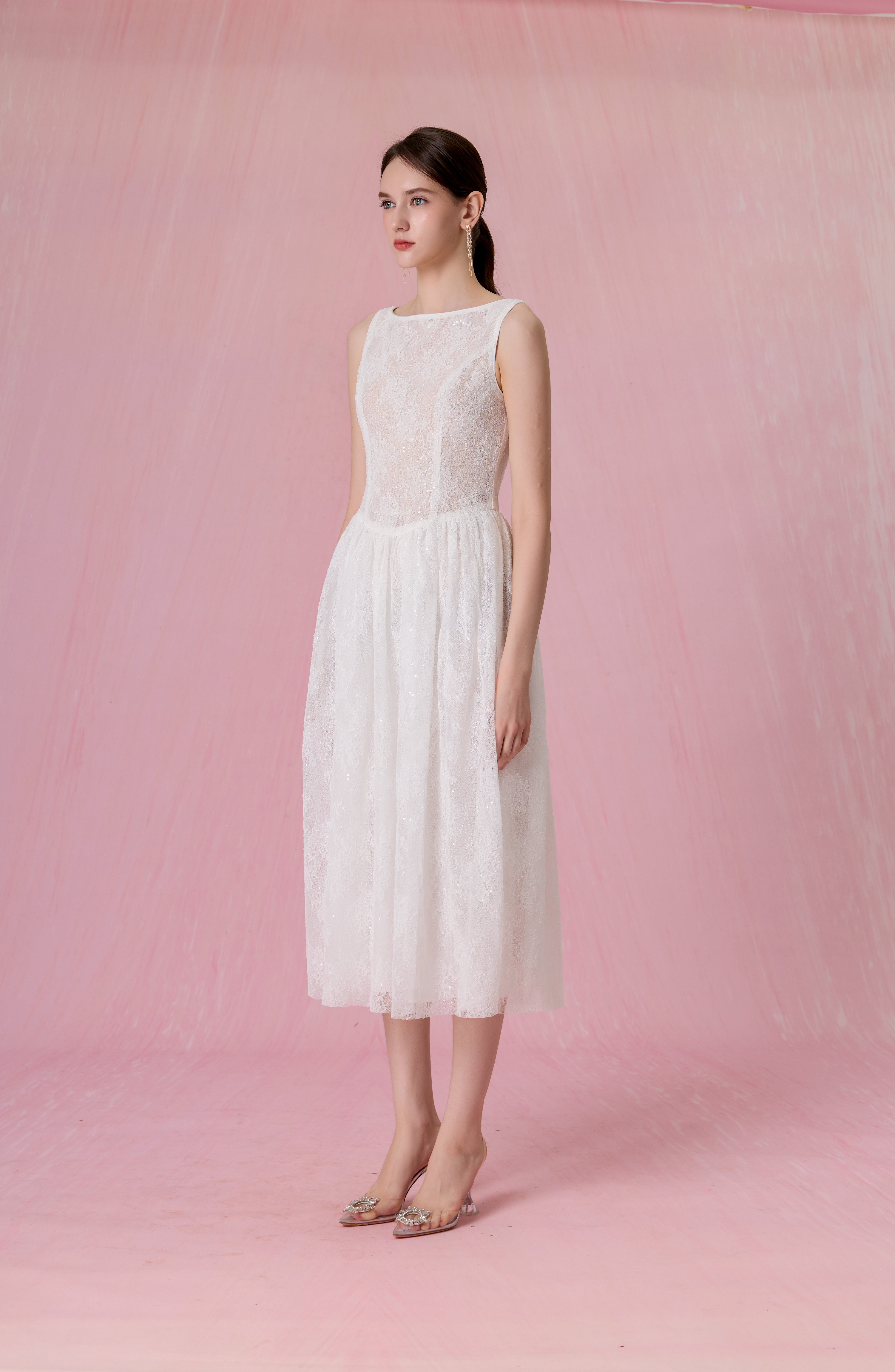 Cherina White Sheer Lace A-Line Dress