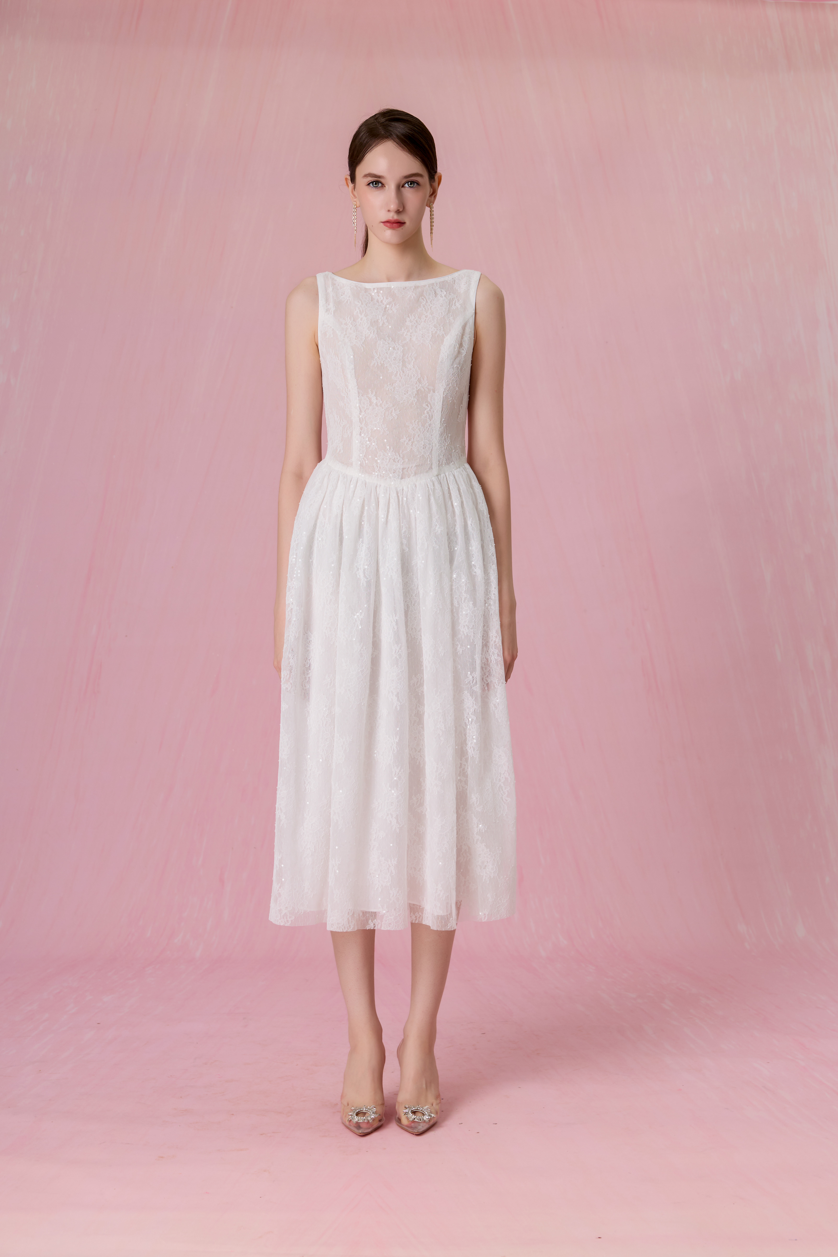Cherina White Sheer Lace A-Line Dress