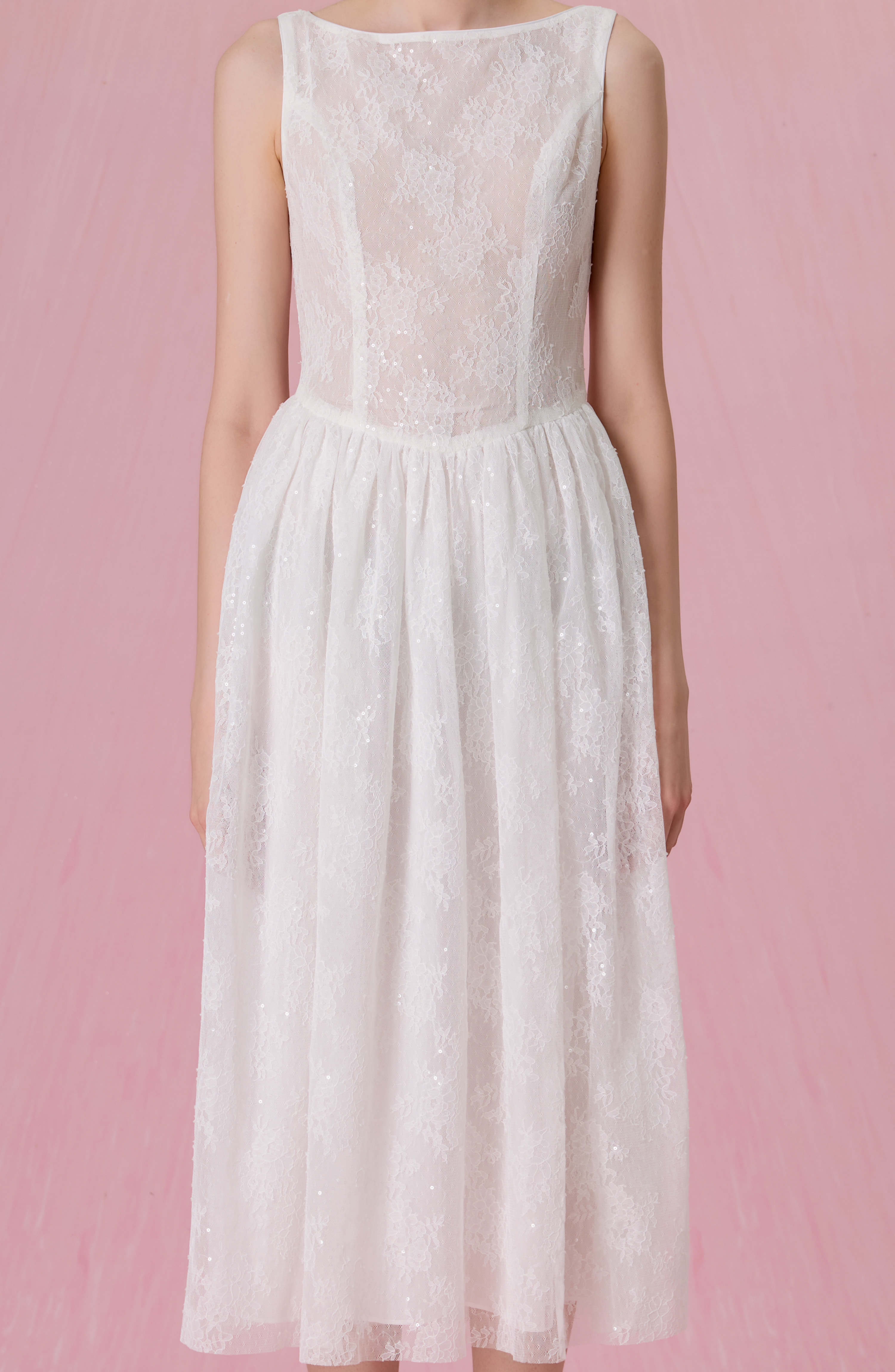 Cherina White Sheer Lace A-Line Dress