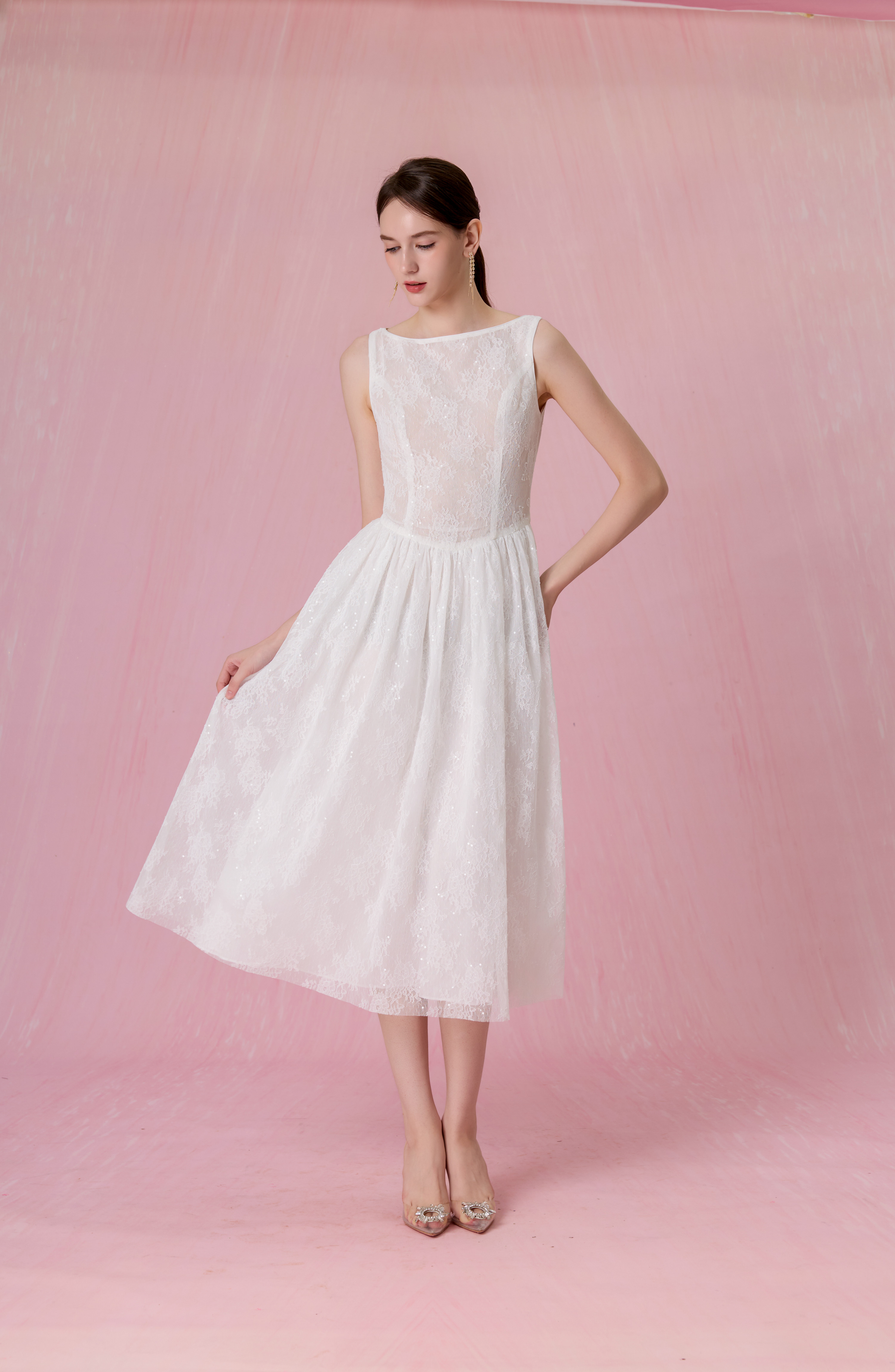 Cherina White Sheer Lace A-Line Dress