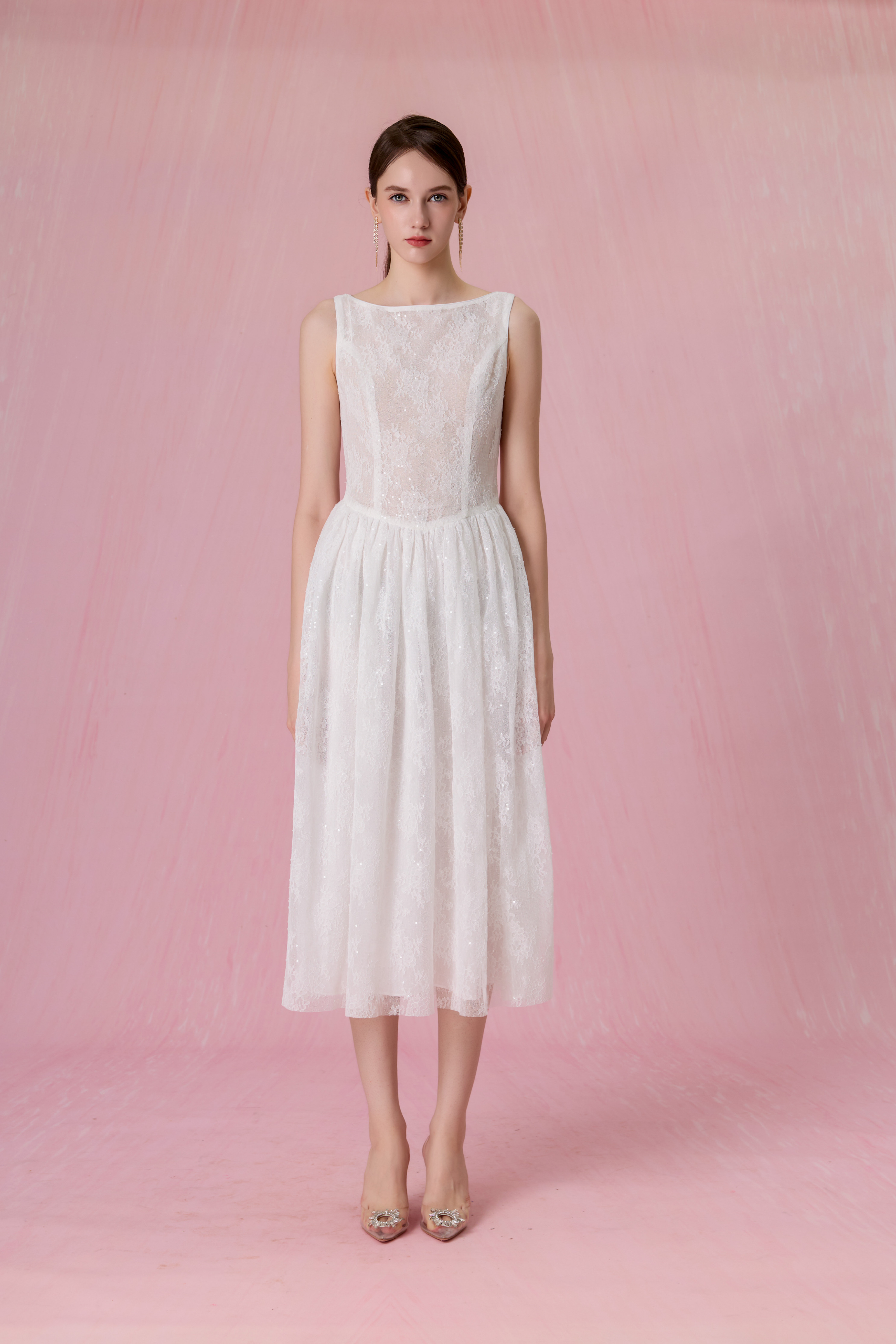 Cherina White Sheer Lace A-Line Dress