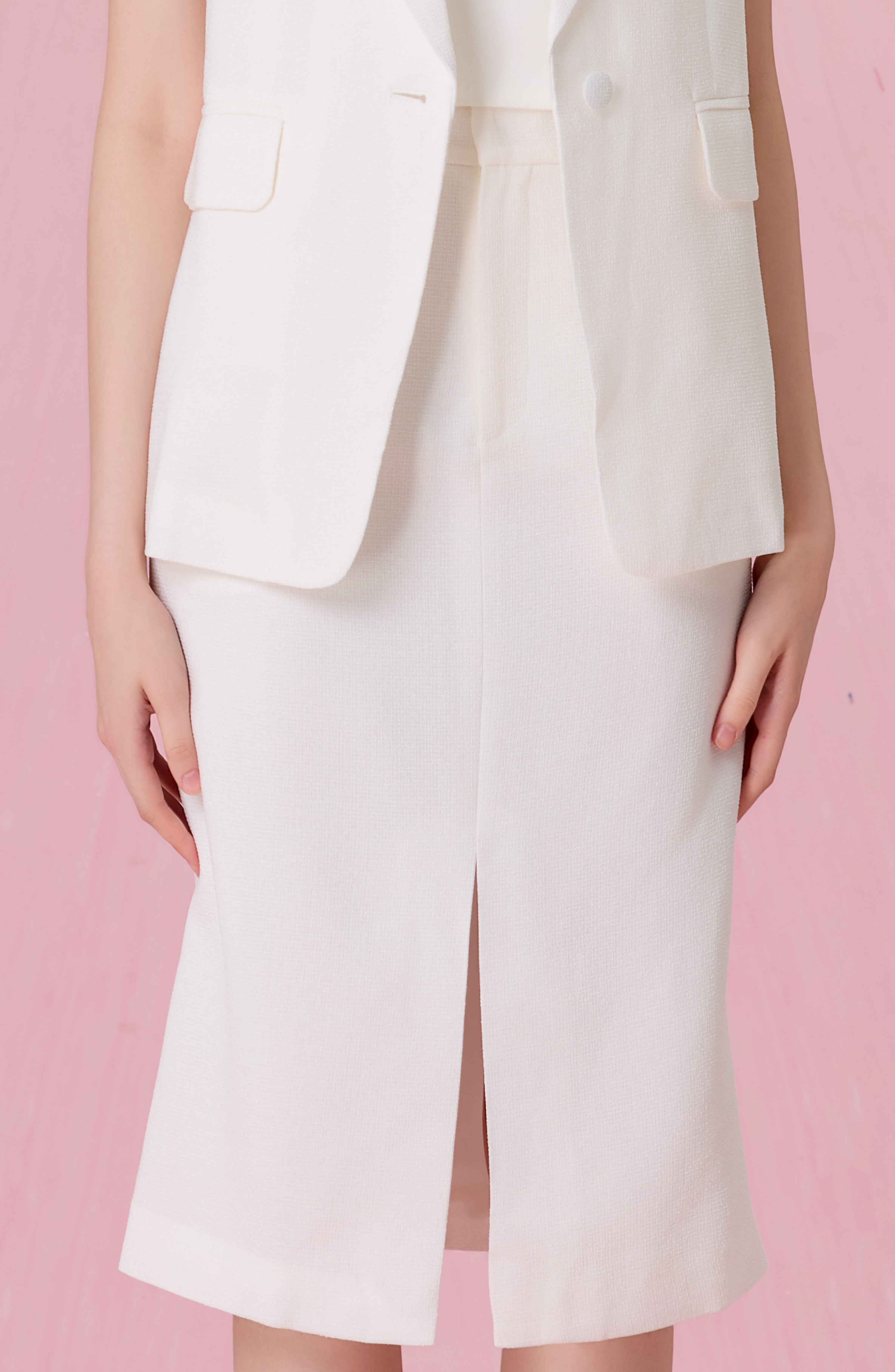 Chereese White Tweed Front Slit Pencil Skirt