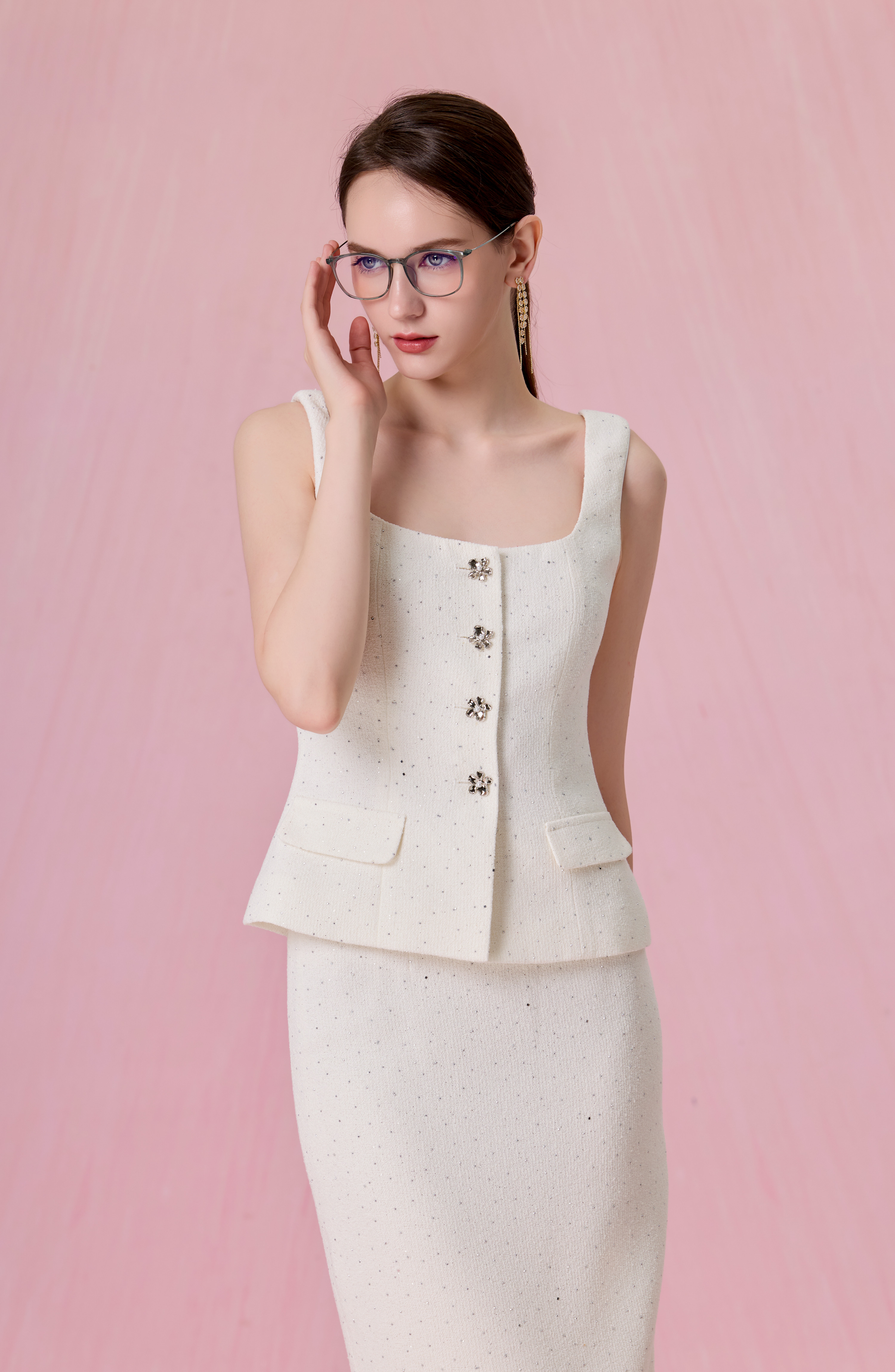 Cherrice White Tweed Peplum Strap Top