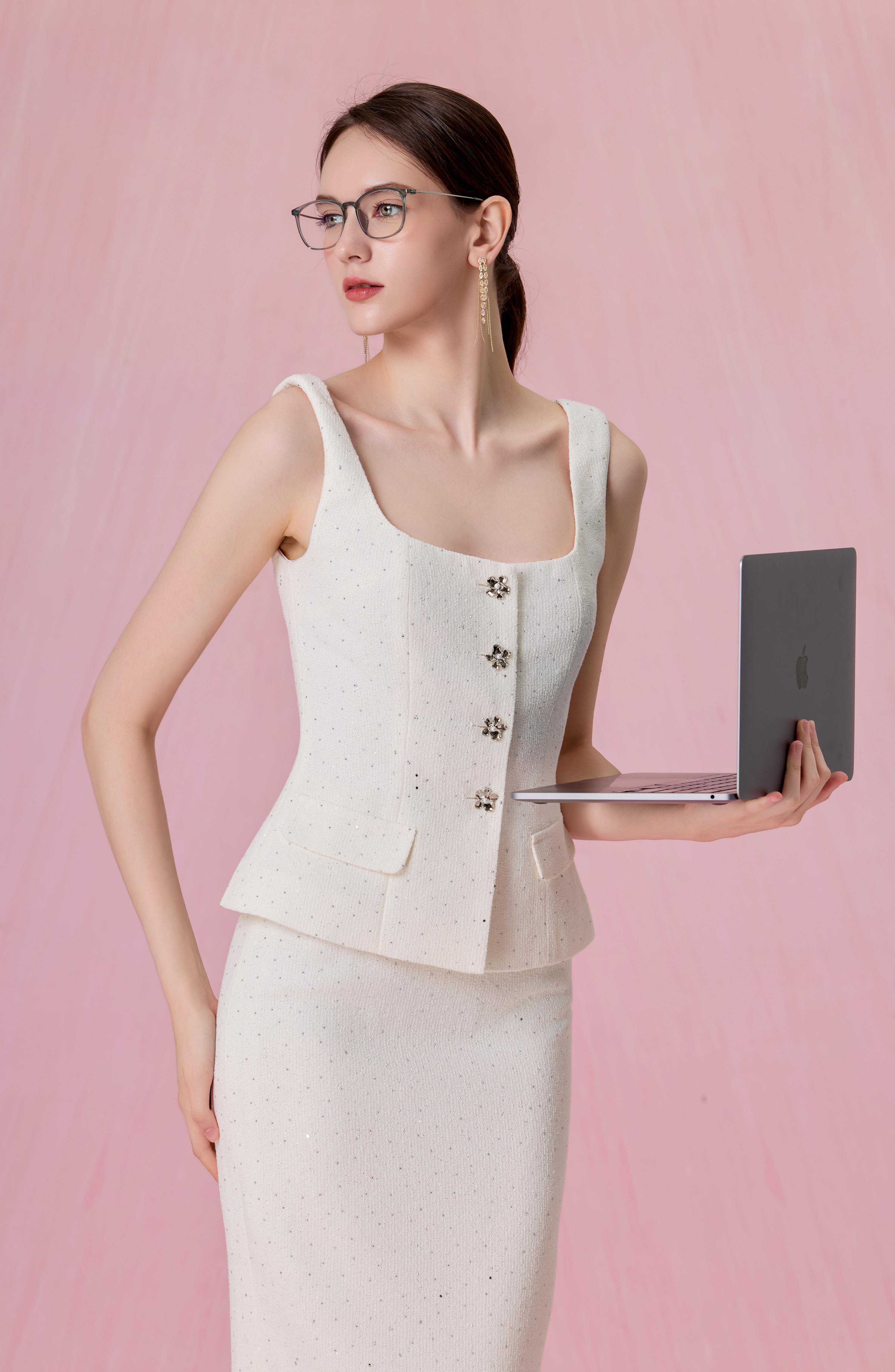 Cherrice White Tweed Peplum Strap Top
