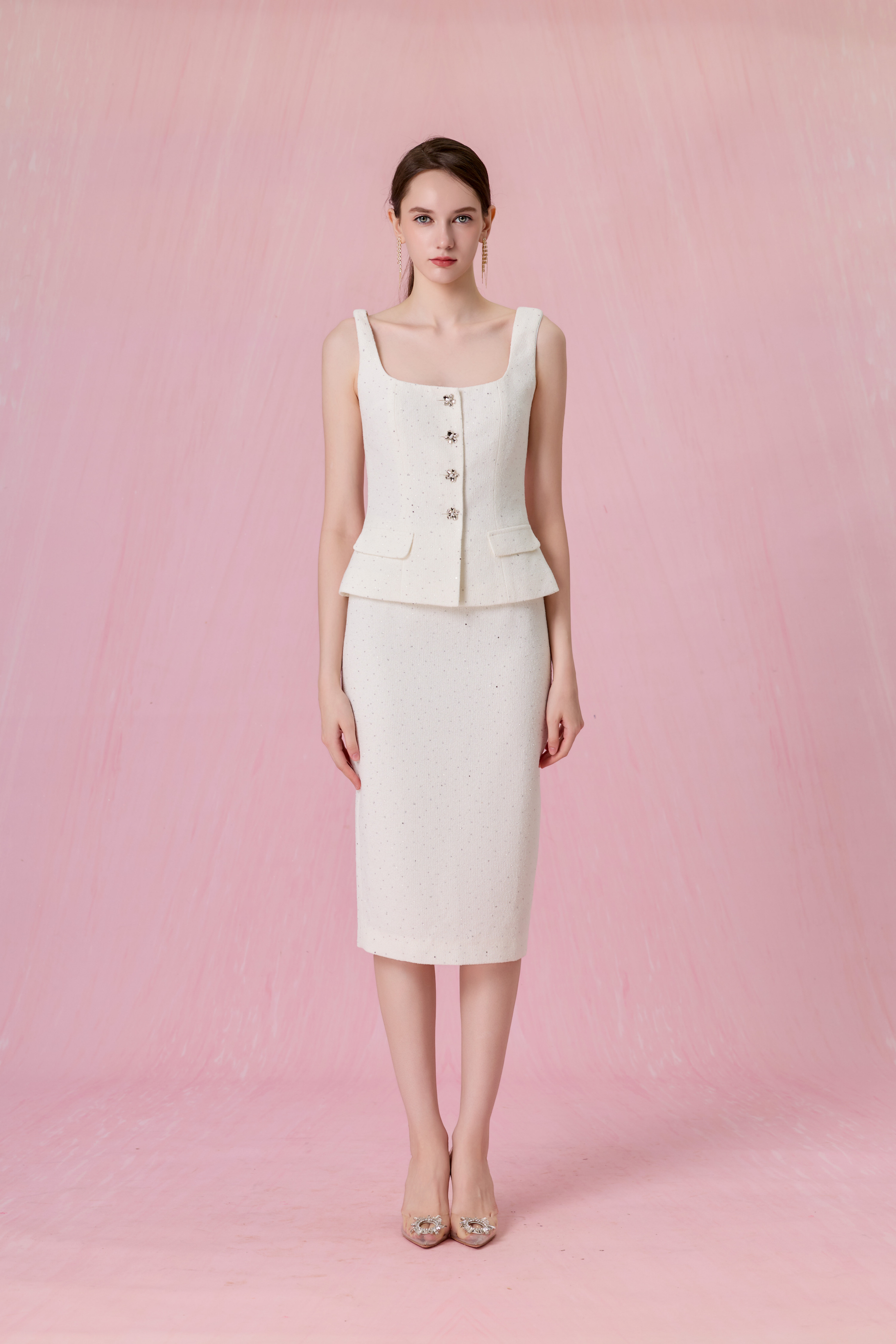 Cherrice White Tweed Peplum Strap Top