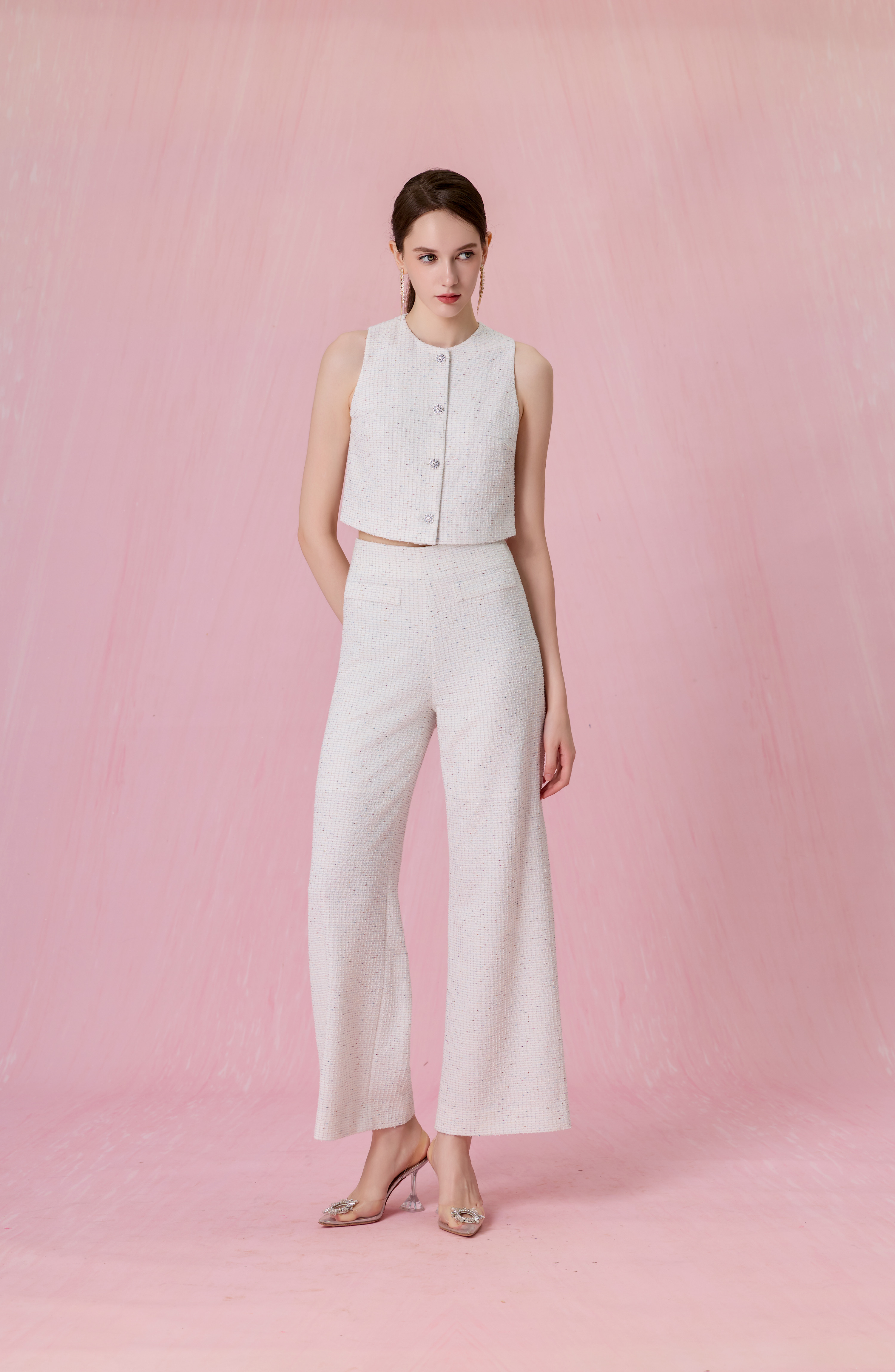 Cherrilyn White Tweed Wide-Leg Pants