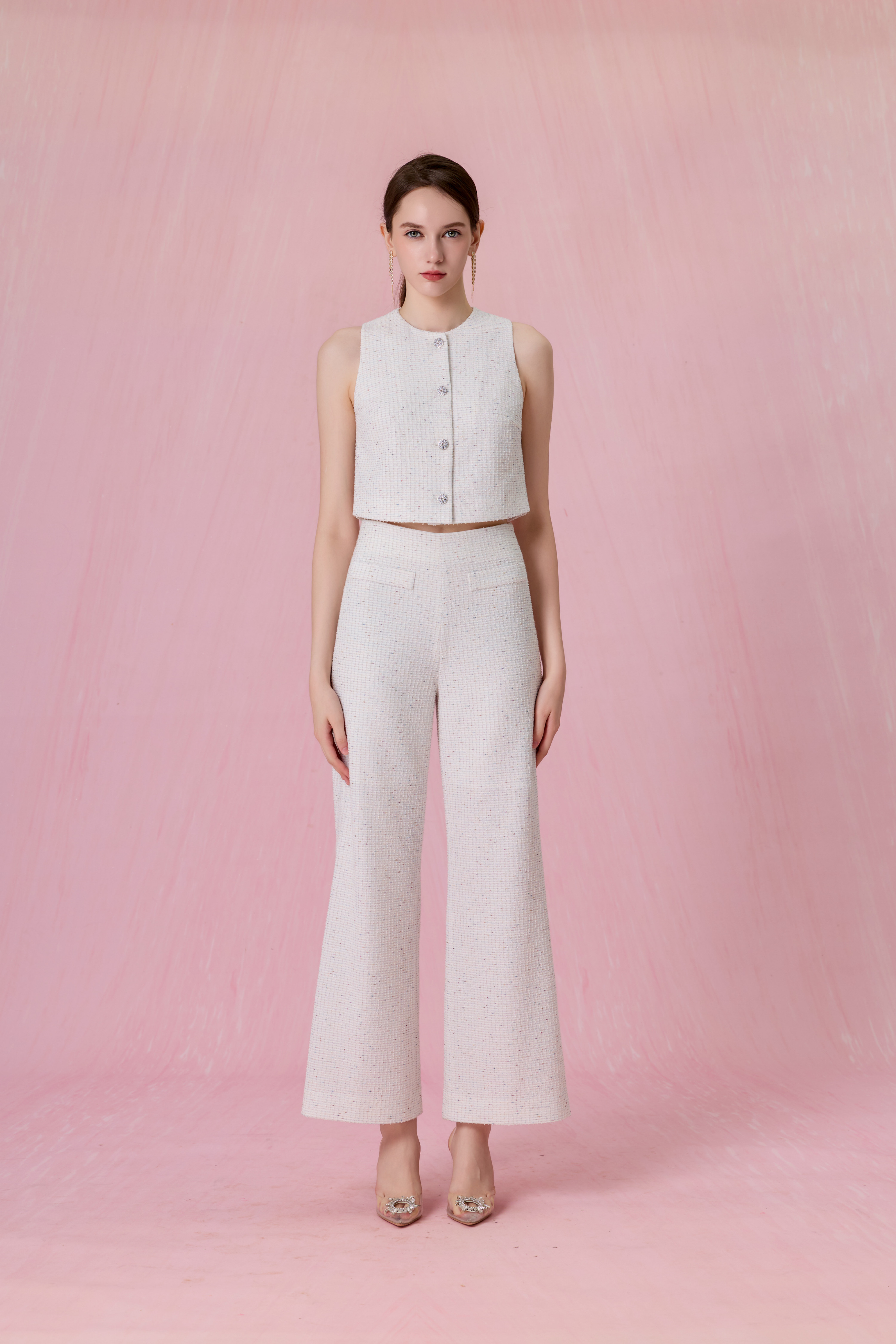Cherrilyn White Tweed Wide-Leg Pants
