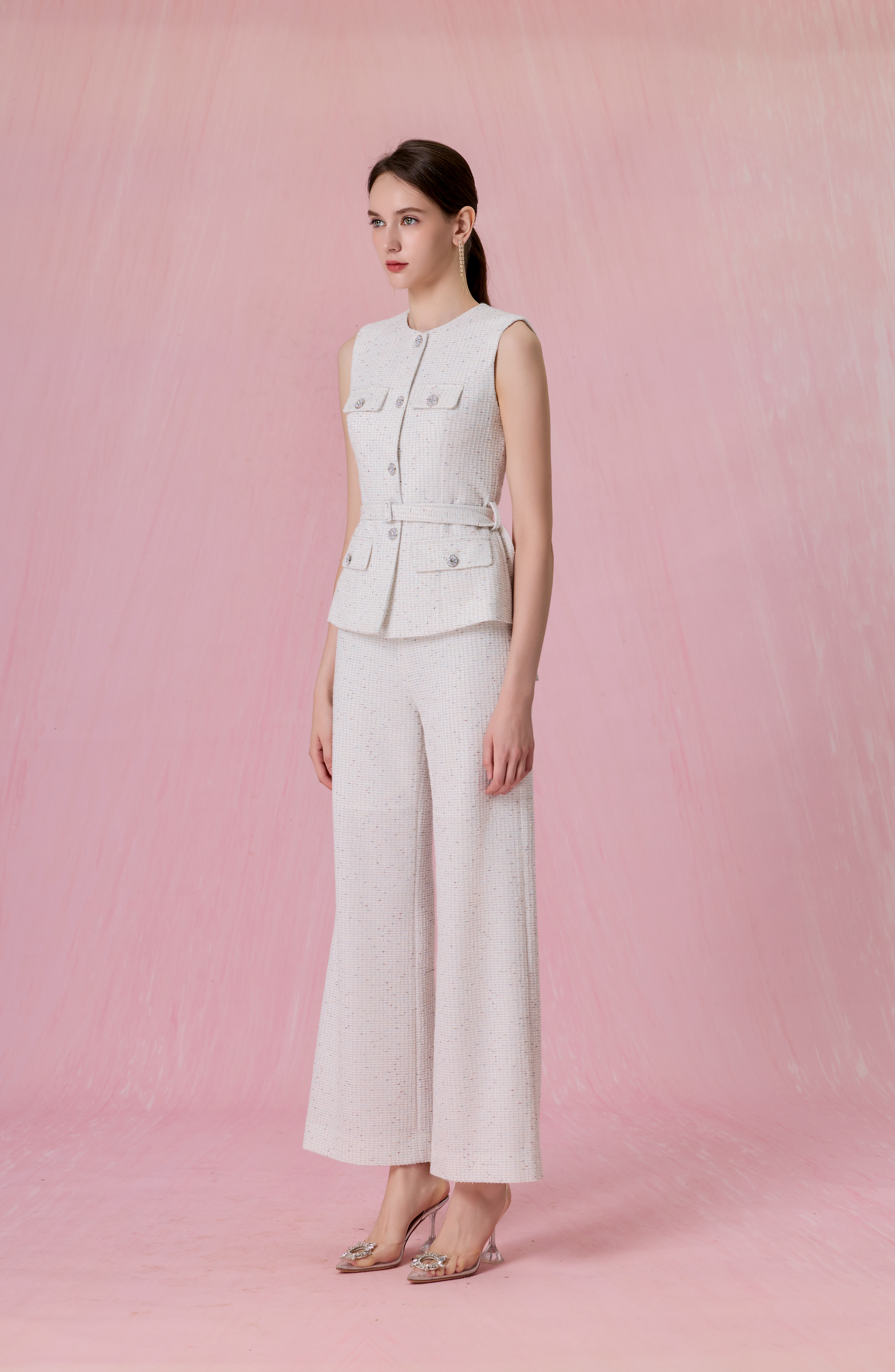 Cherrise White Tweed Belted Vest Top
