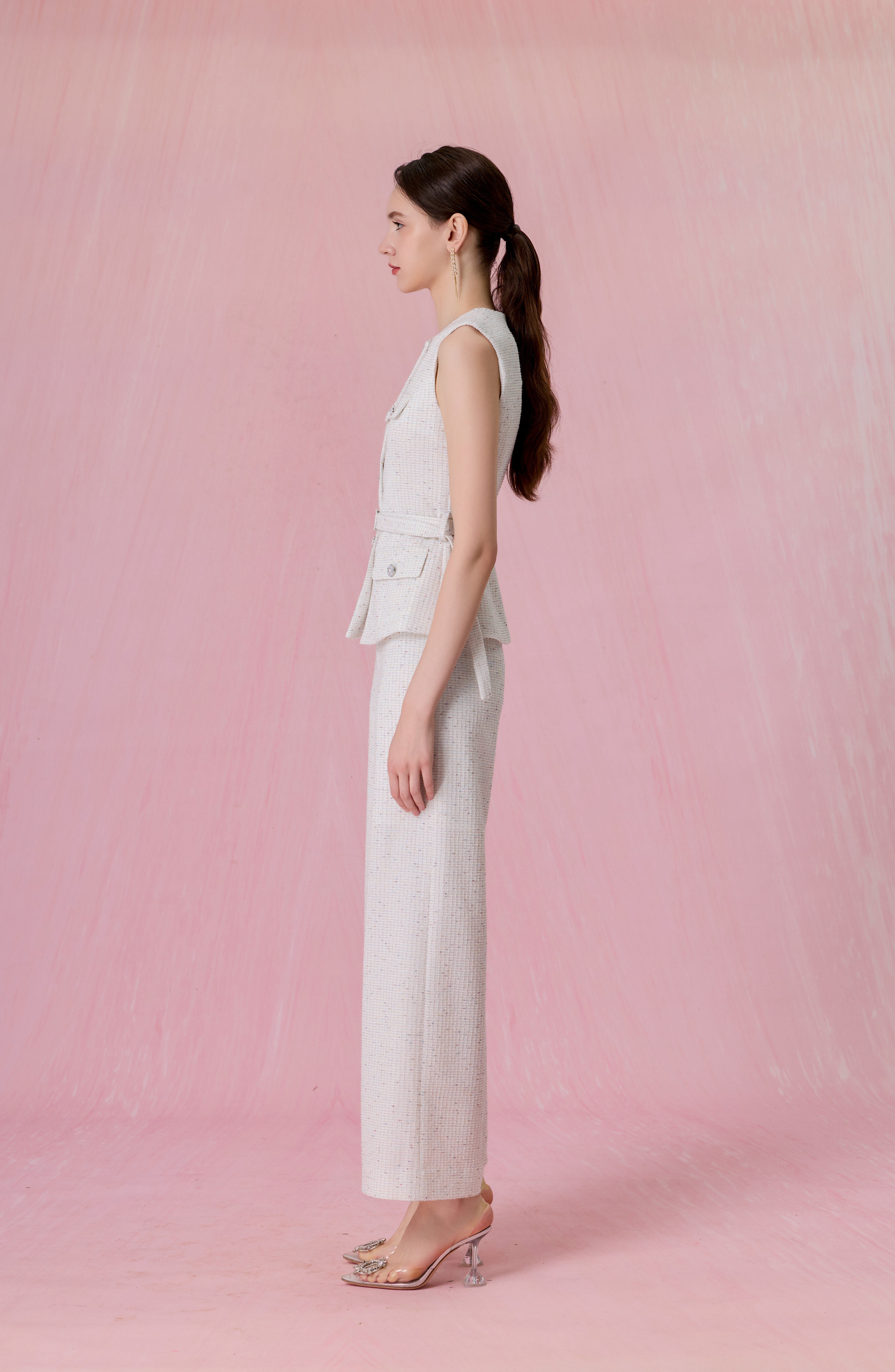 Cherrise White Tweed Belted Vest Top