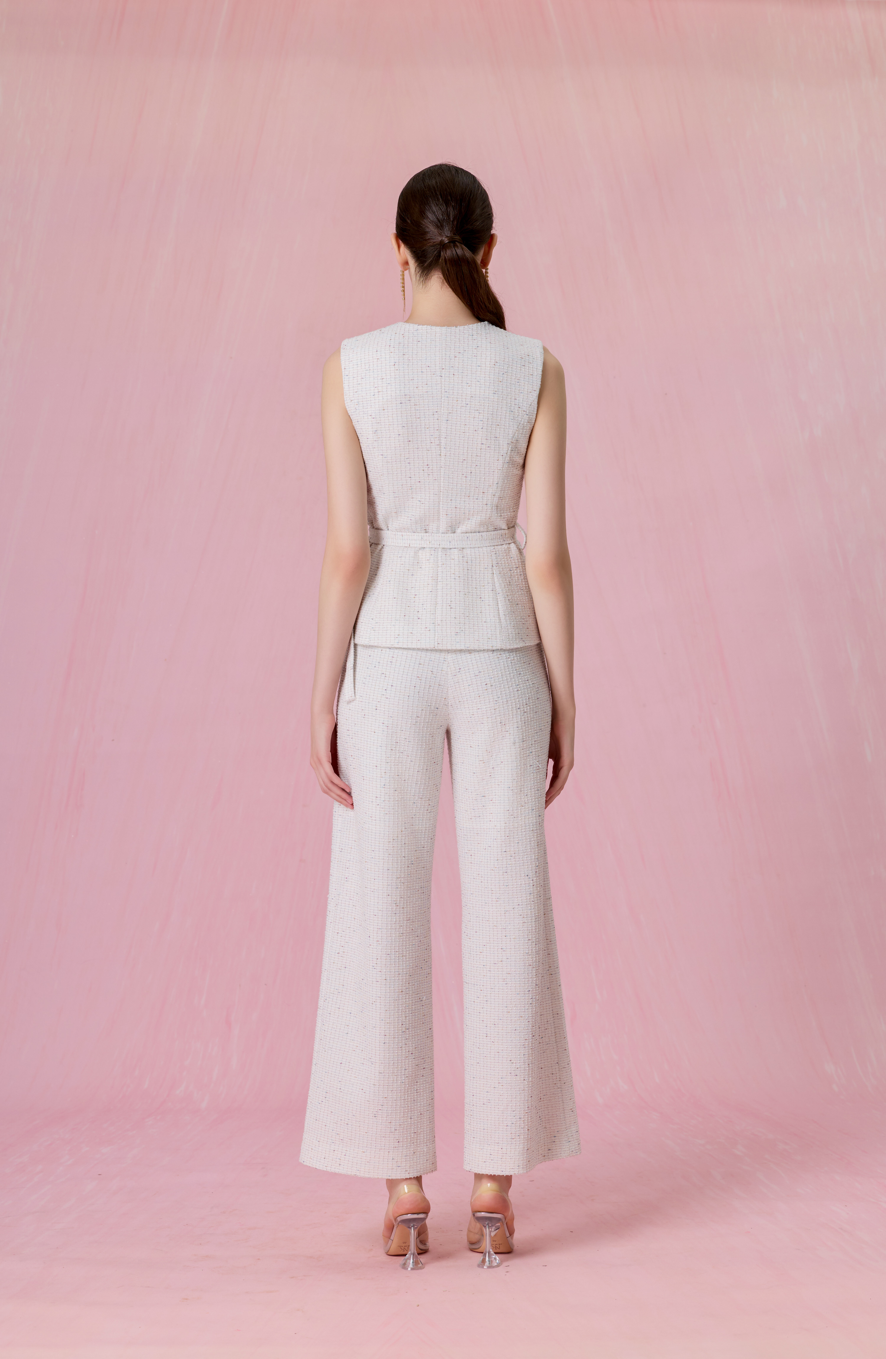 Cherrise White Tweed Belted Vest Top