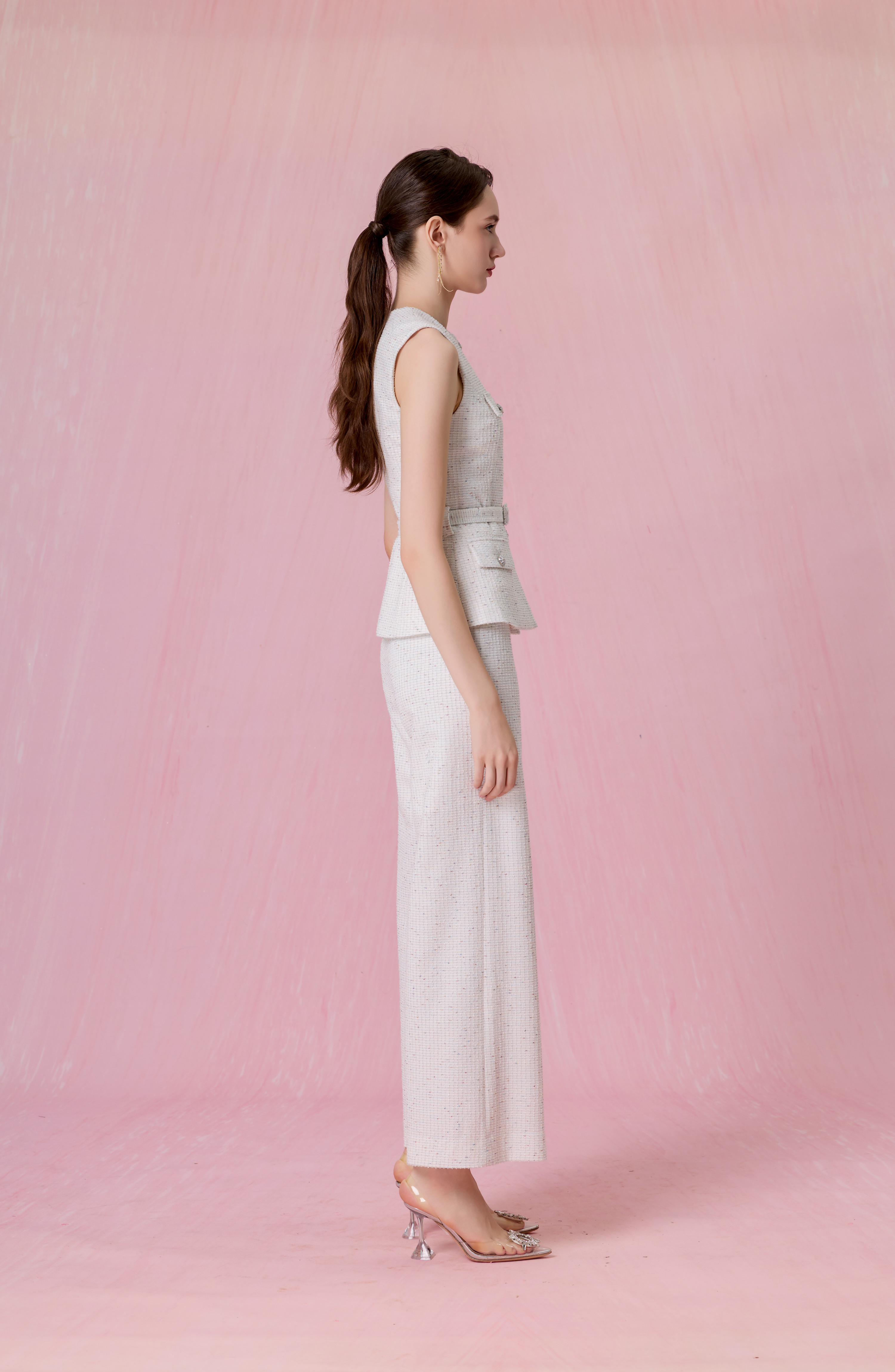 Cherrise White Tweed Belted Vest Top