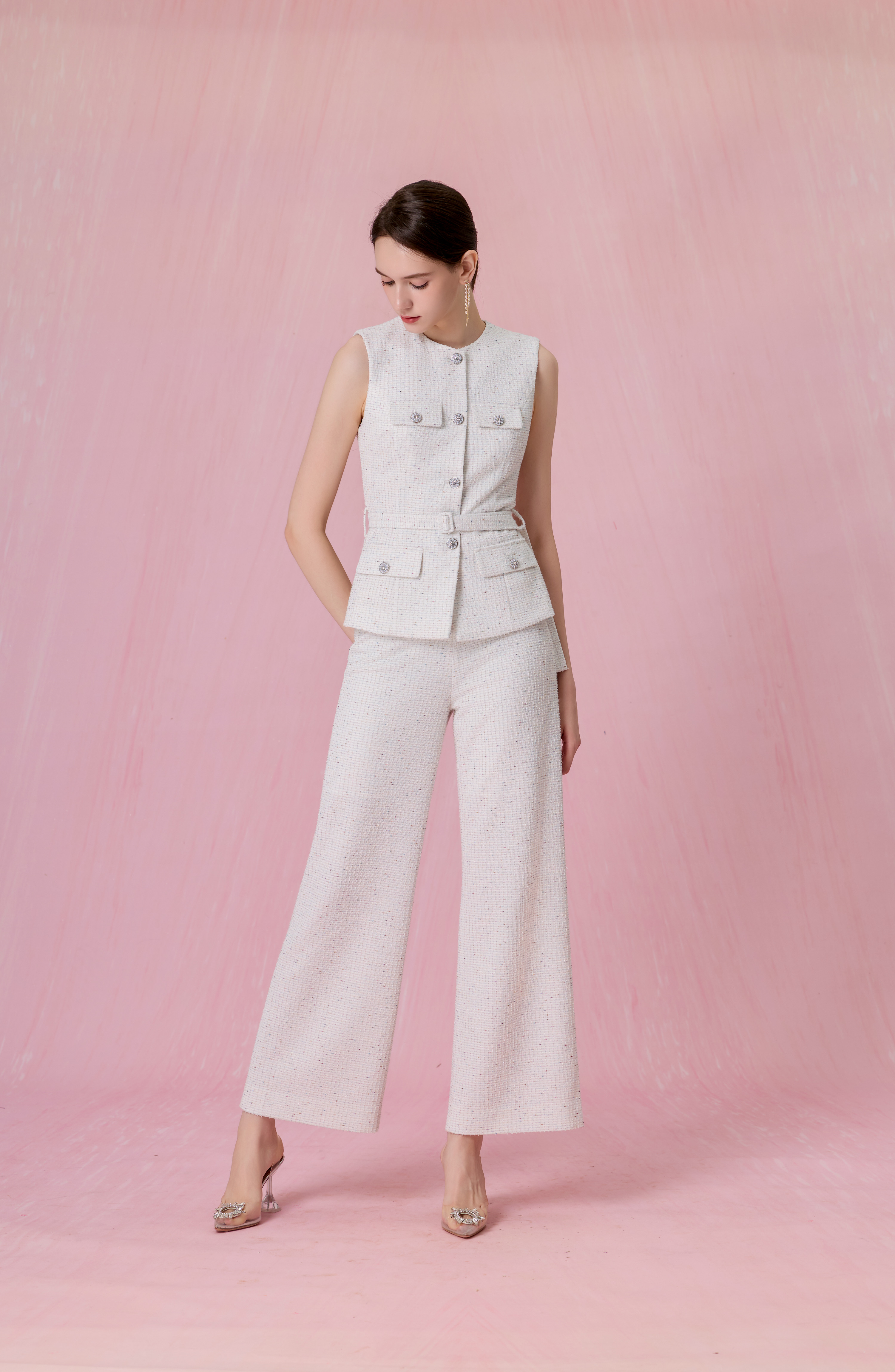 Cherrise White Tweed Belted Vest Top