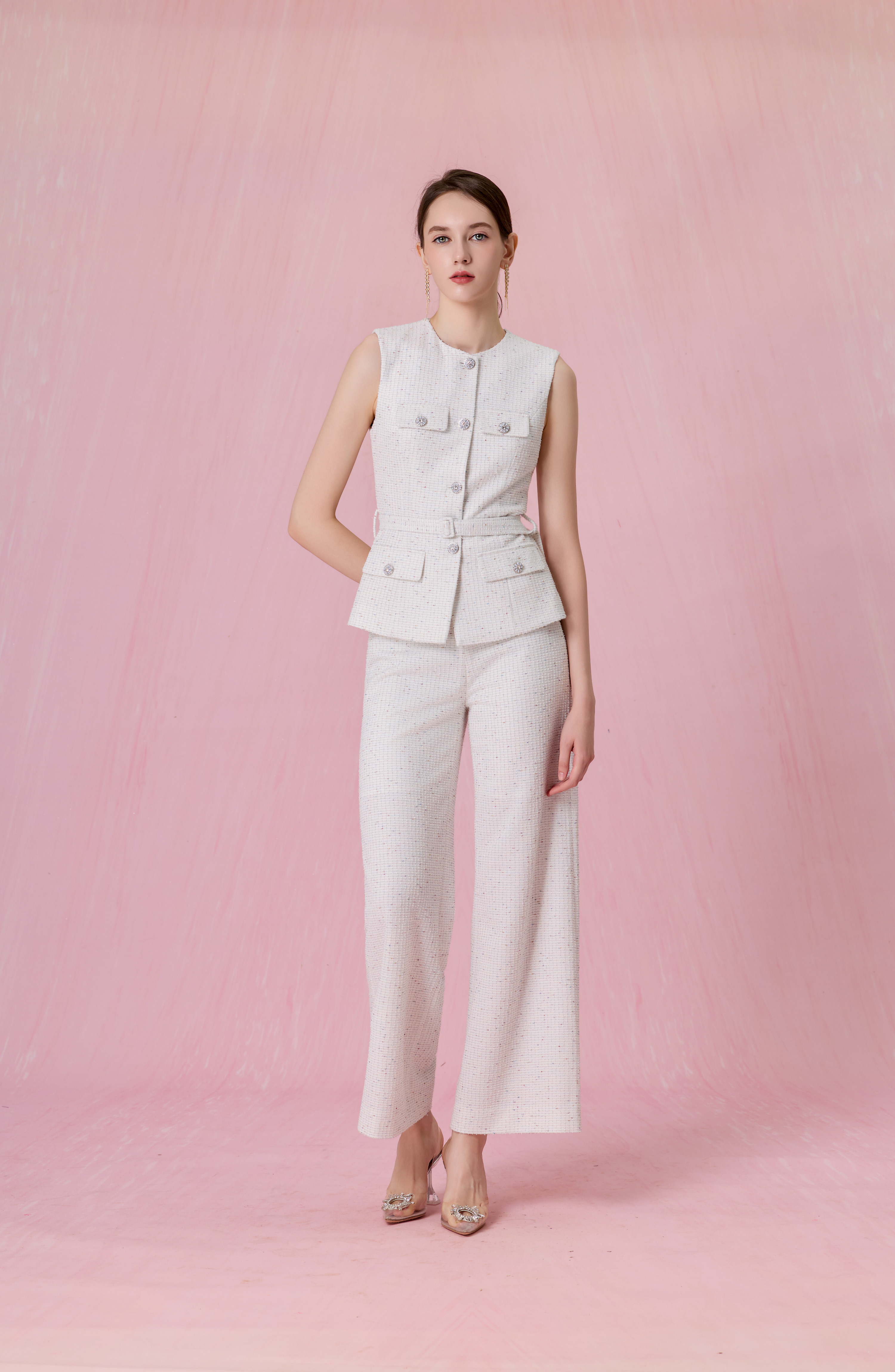 Cherrise White Tweed Belted Vest Top