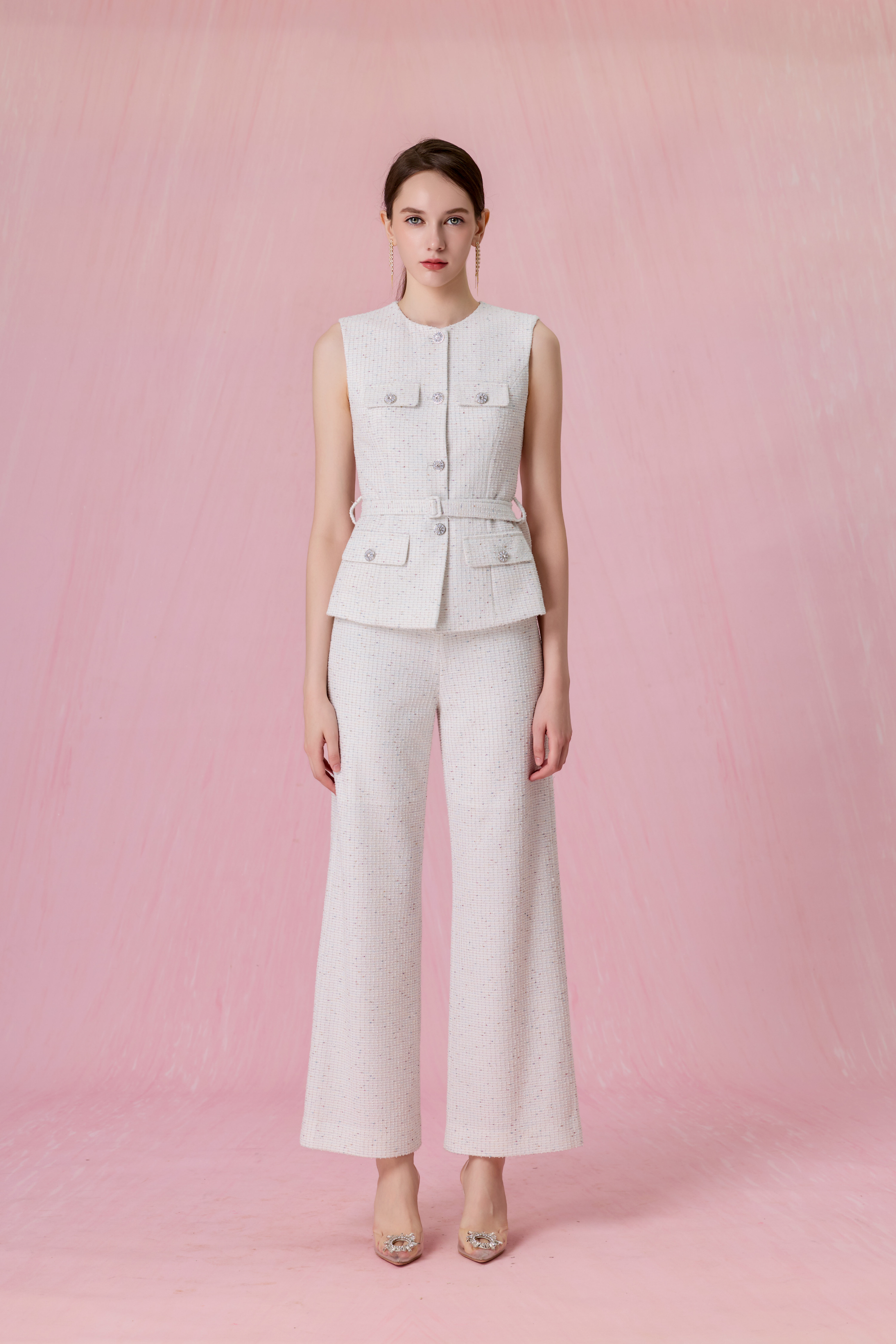 Cherrise White Tweed Belted Vest Top