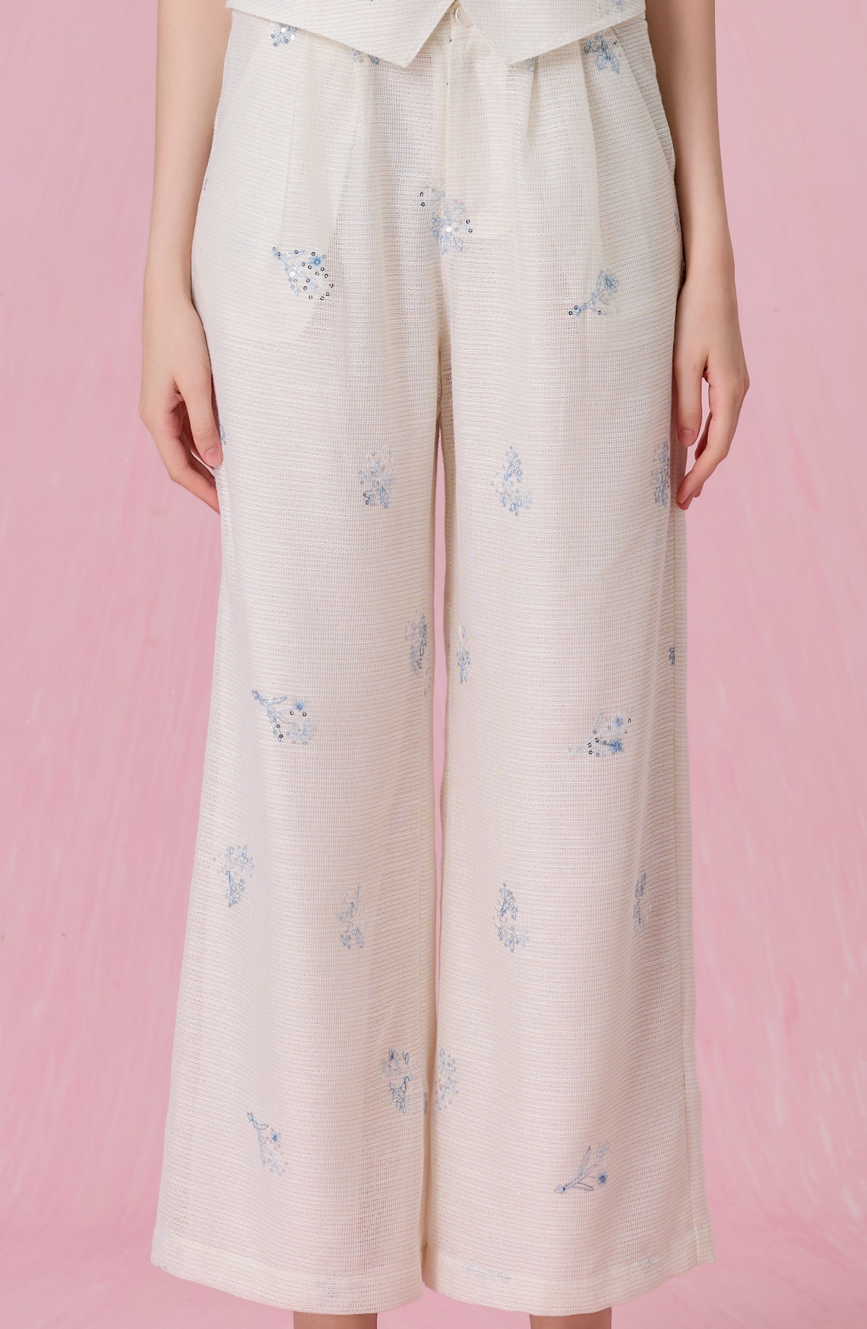 Coleta Ivory With Floral Sequins Embroidered Wide Leg Pants
