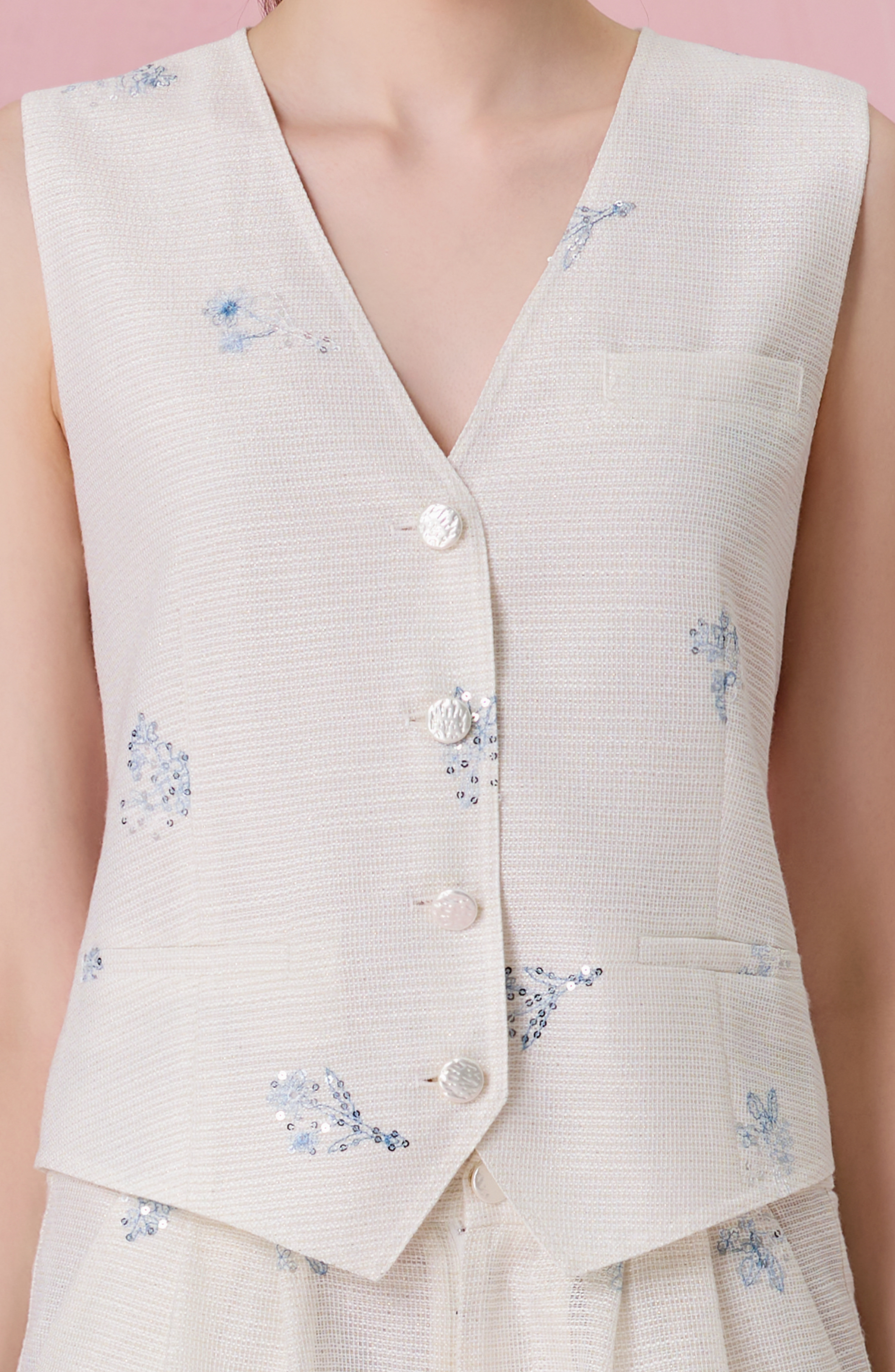 Coleta Ivory With Floral Sequins Embroidered Vest Top
