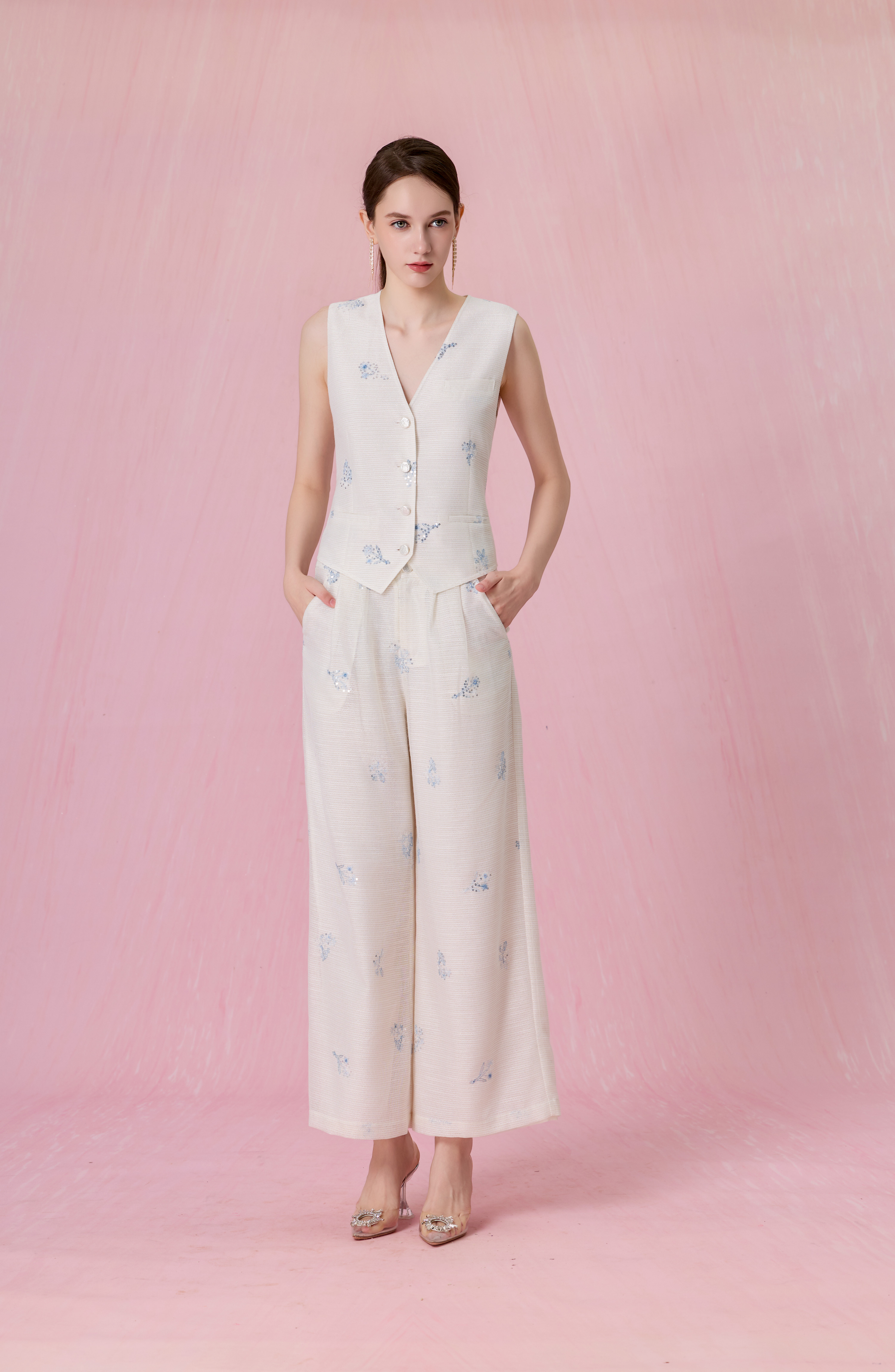 Coleta Ivory With Floral Sequins Embroidered Vest Top