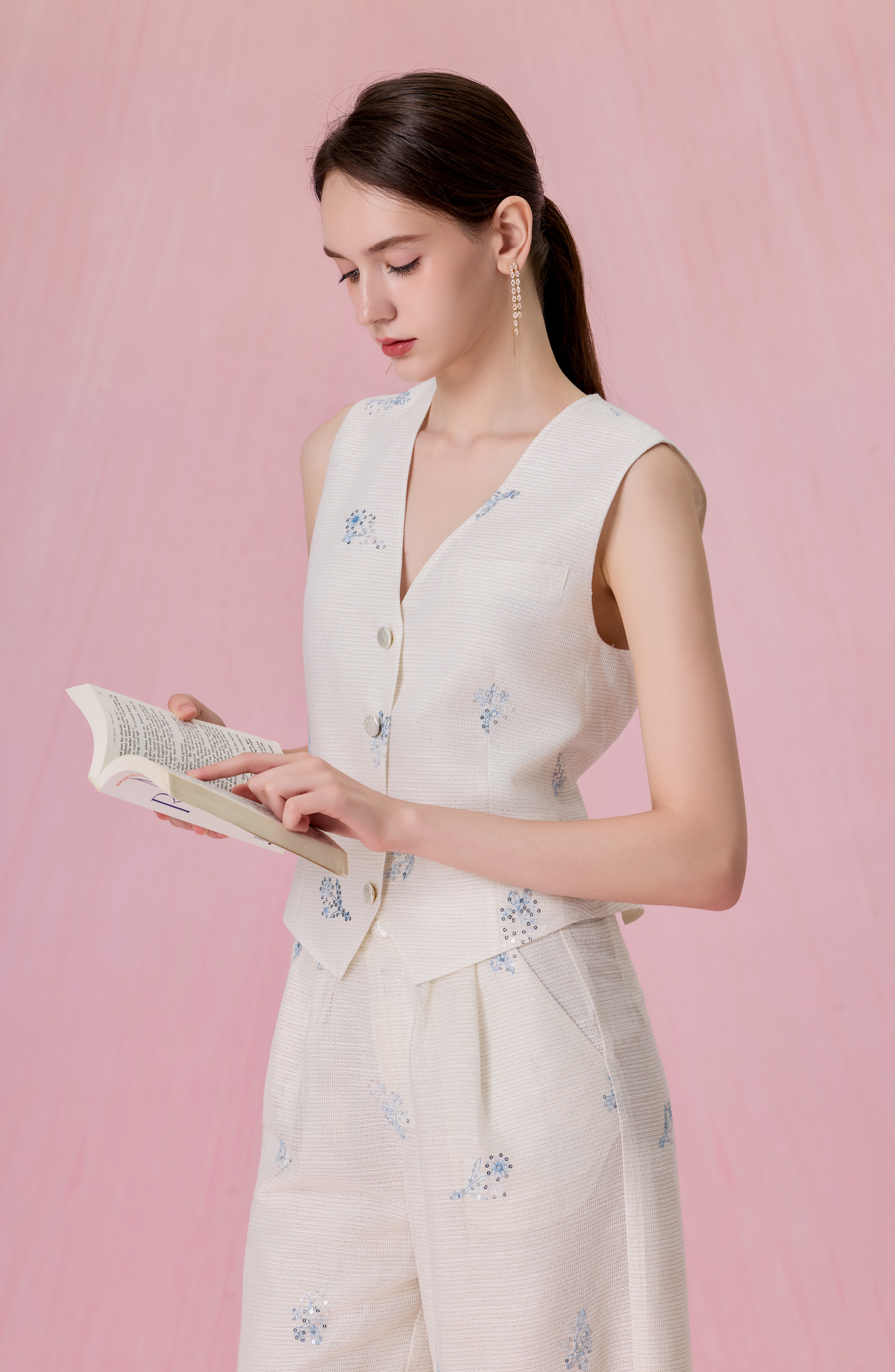 Coleta Ivory With Floral Sequins Embroidered Vest Top