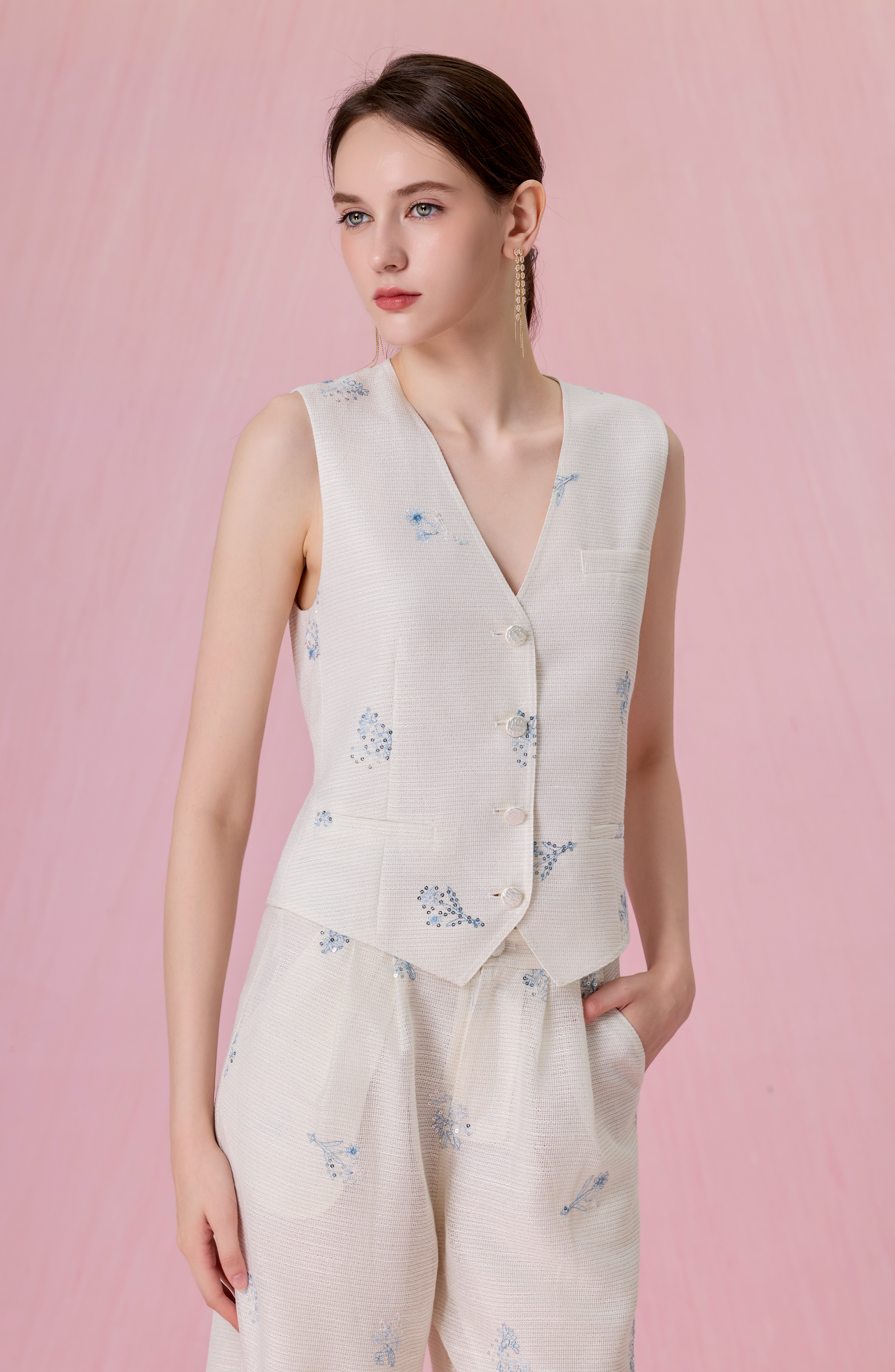 Coleta Ivory With Floral Sequins Embroidered Wide Leg Pants