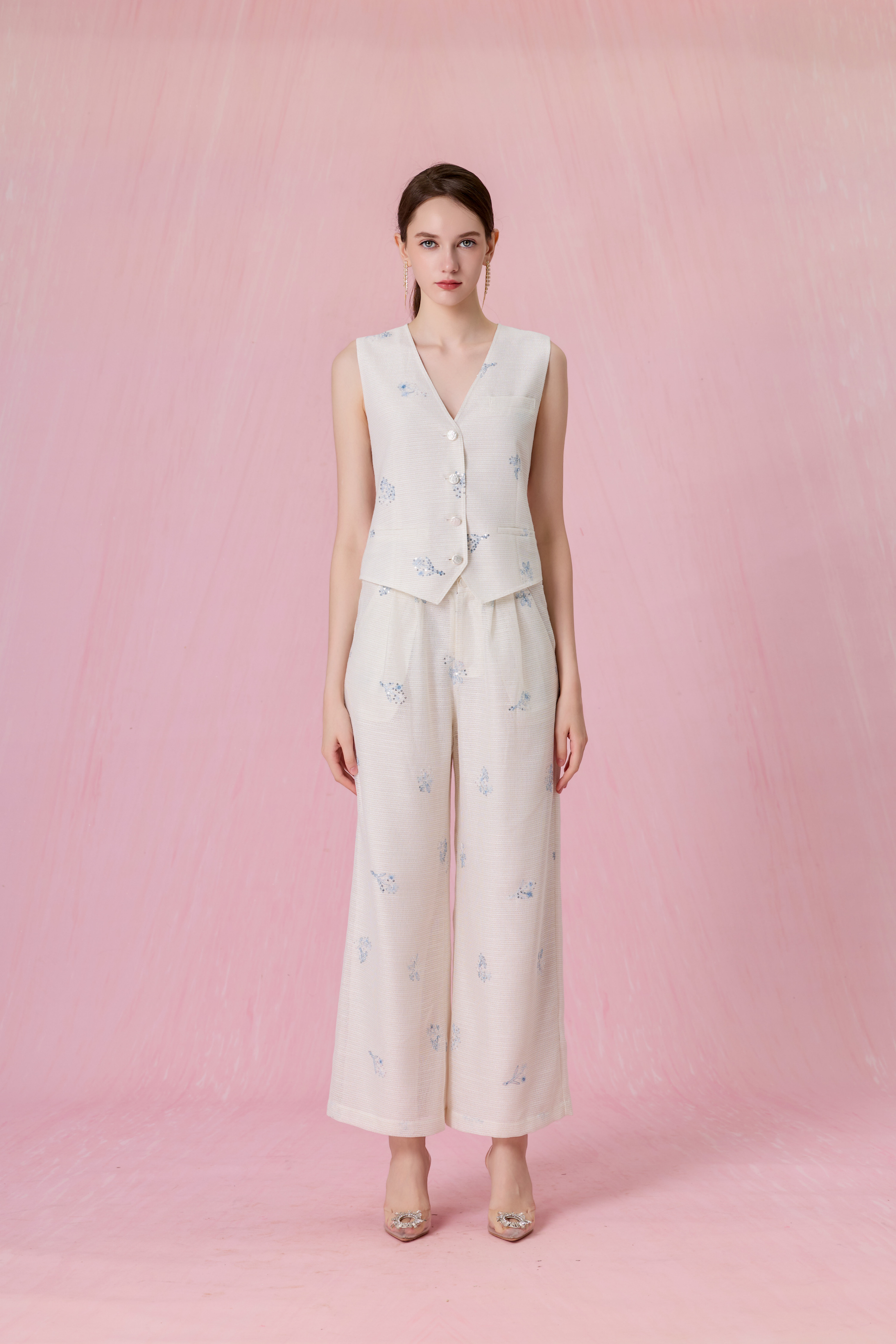 Coleta Ivory With Floral Sequins Embroidered Wide Leg Pants