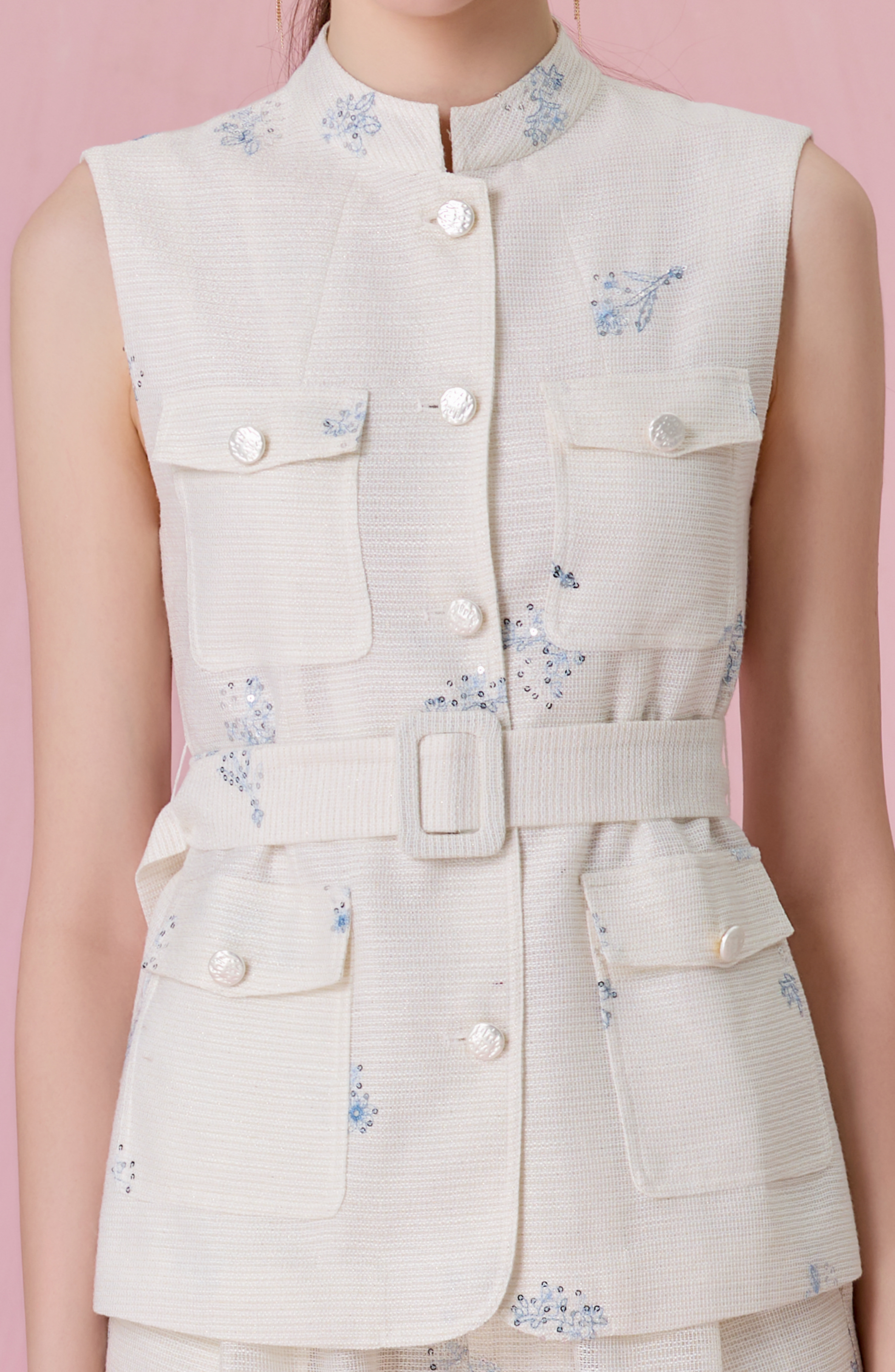 Coetta Ivory With Floral Sequins Embroidered Sleeveless Top