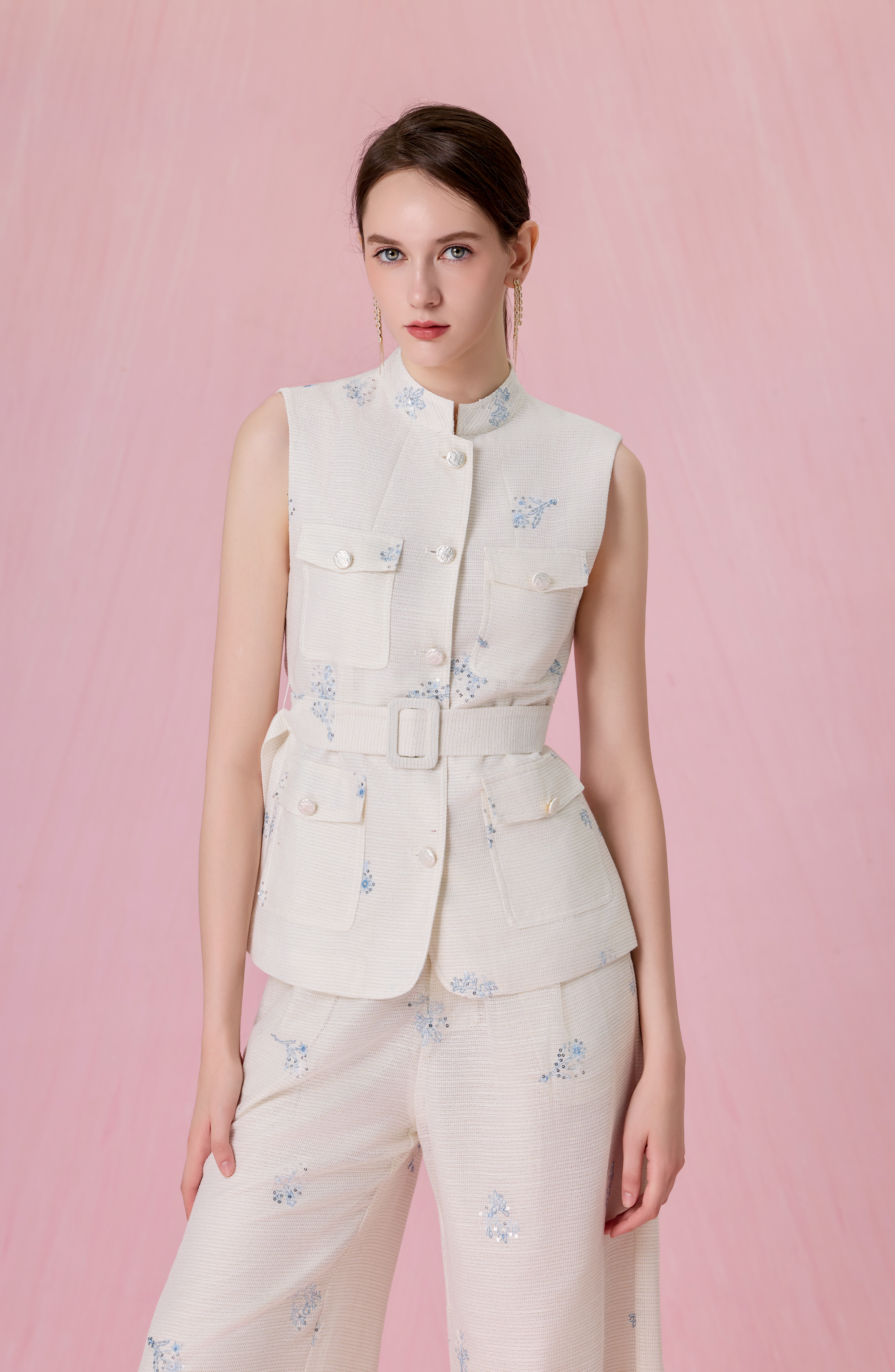 Coetta Ivory With Floral Sequins Embroidered Sleeveless Top