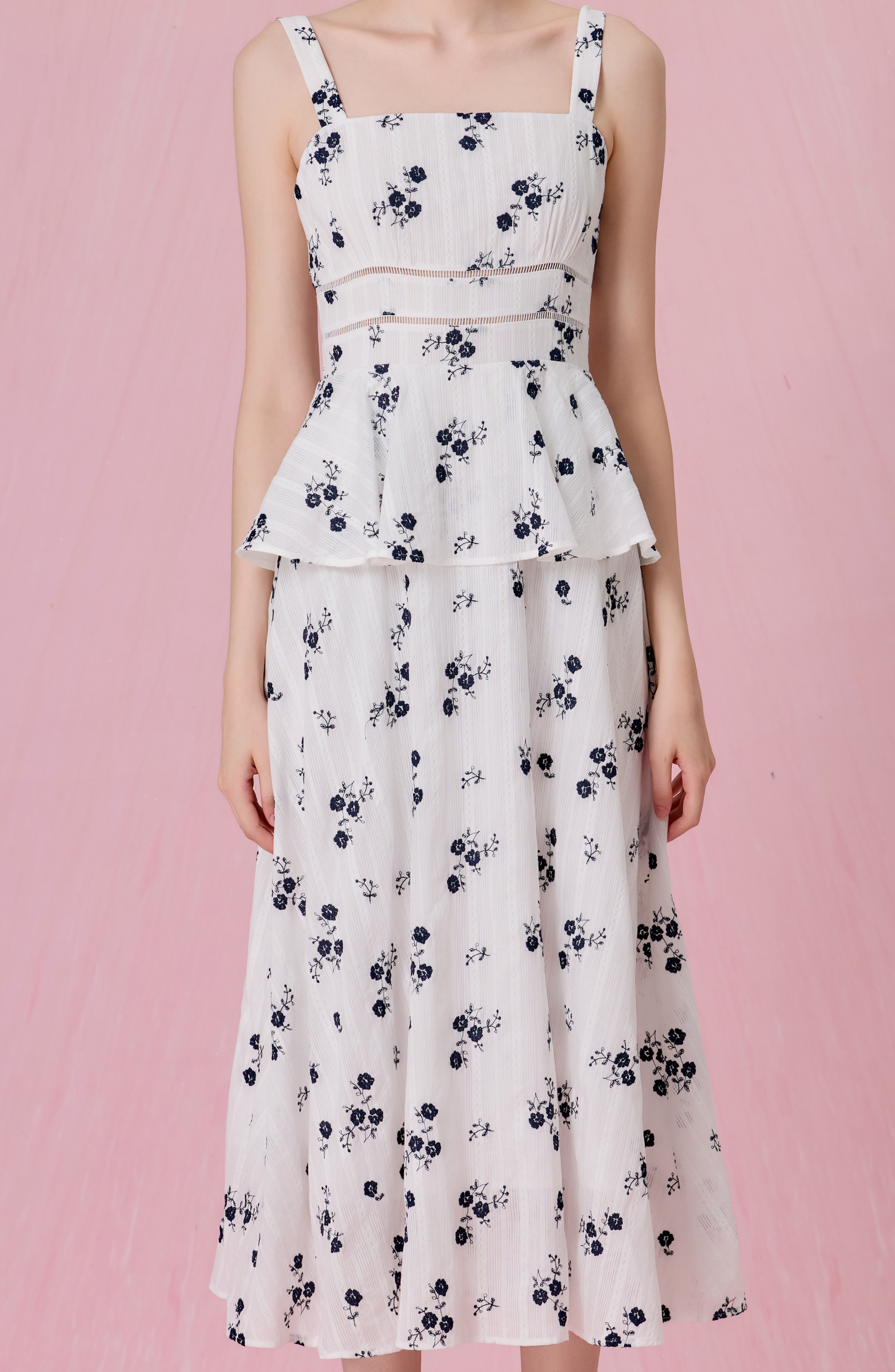 Cherrelle White With Embroidered Navy Floral Peplum Maxi Dress