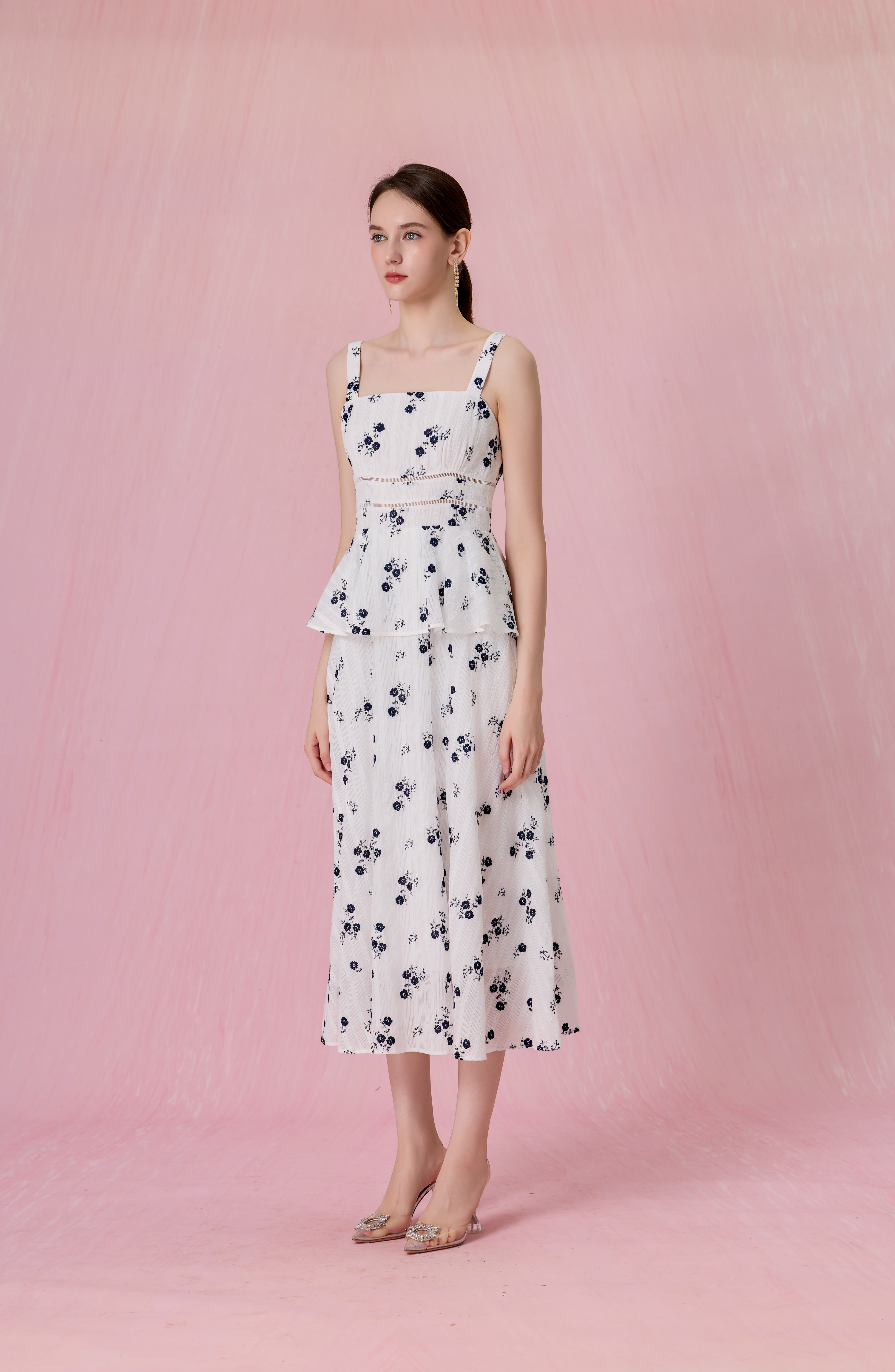 Cherrelle White With Embroidered Navy Floral Peplum Maxi Dress