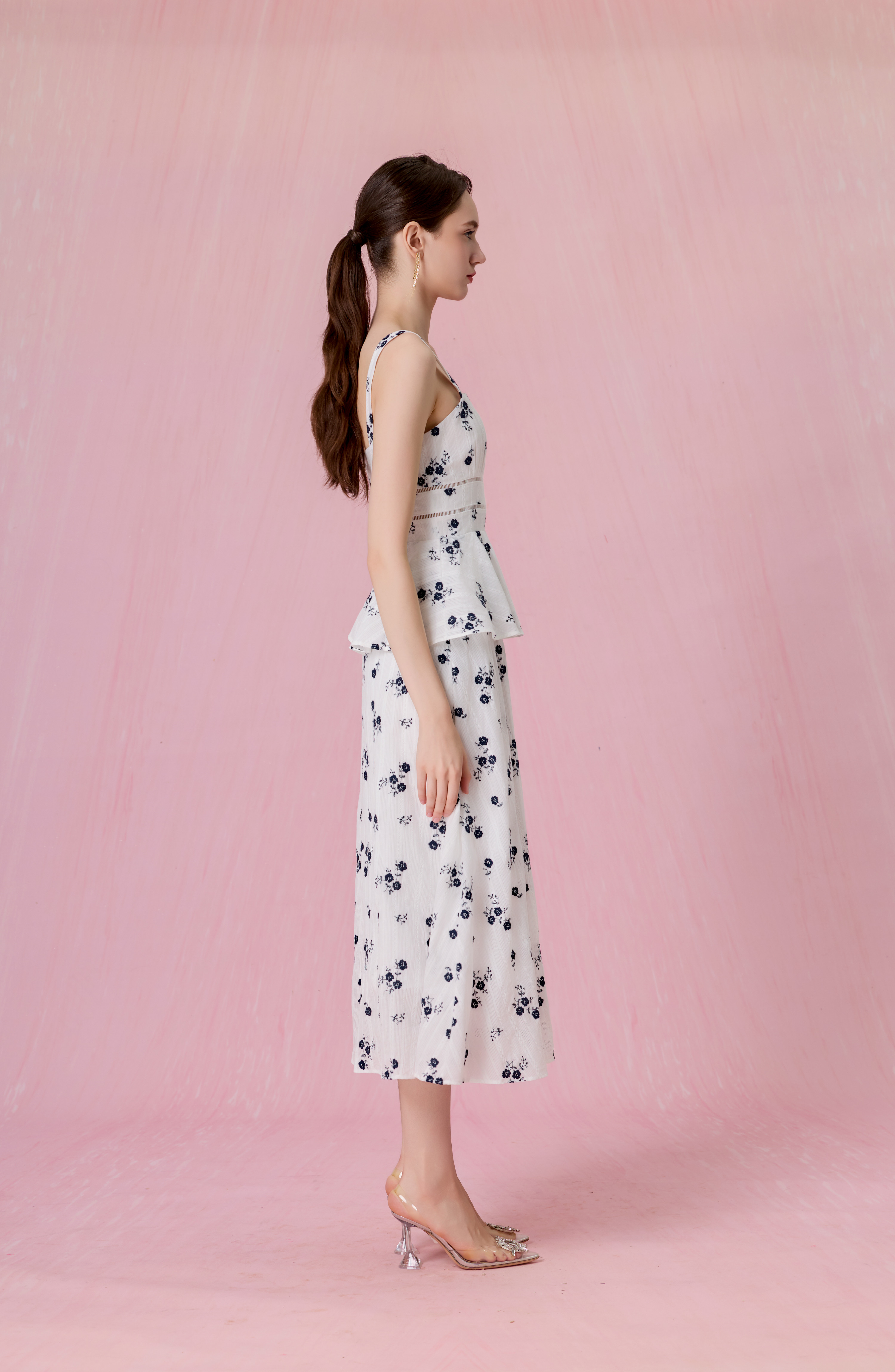Cherrelle White With Embroidered Navy Floral Peplum Maxi Dress