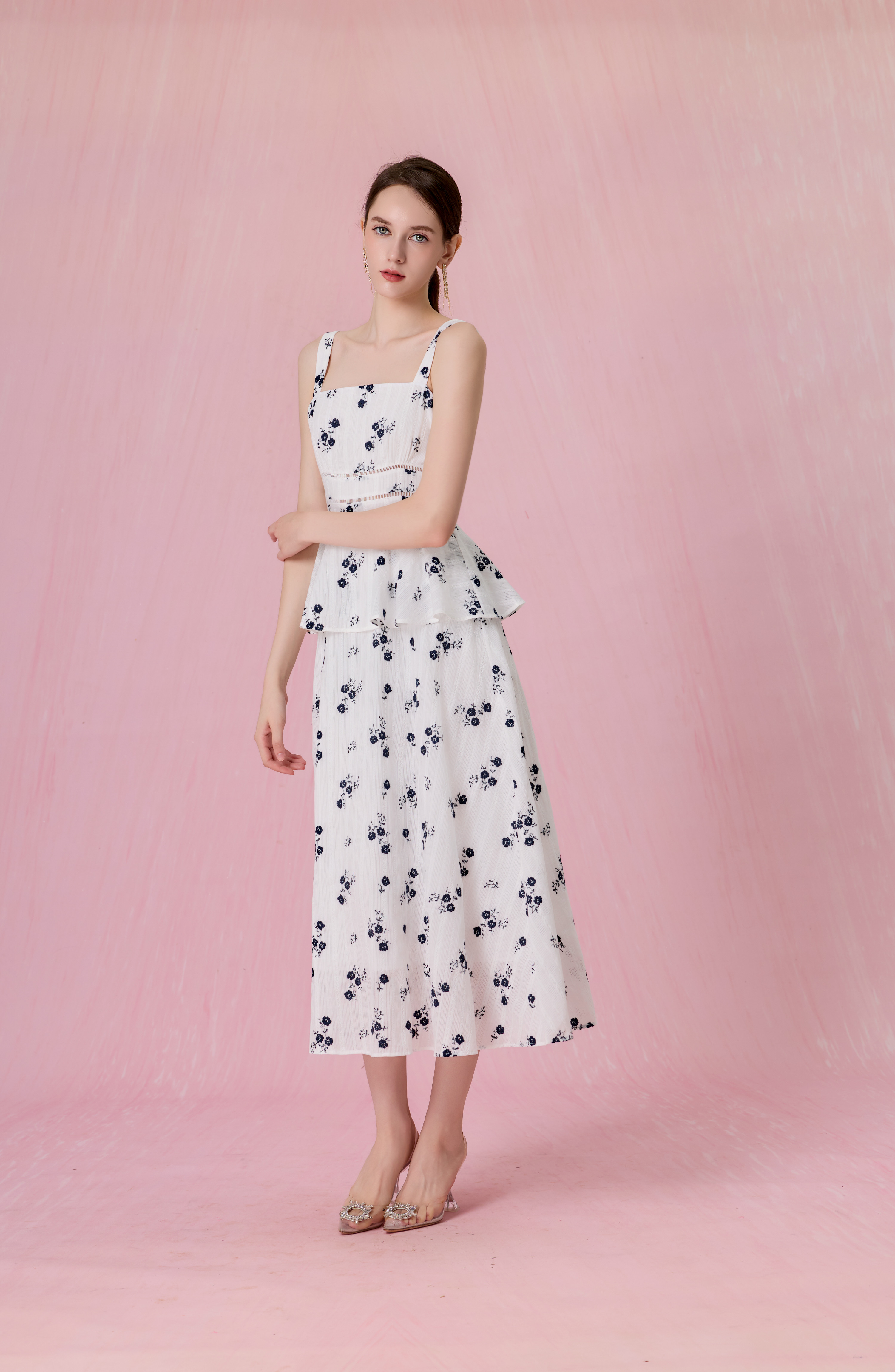 Cherrelle White With Embroidered Navy Floral Peplum Maxi Dress