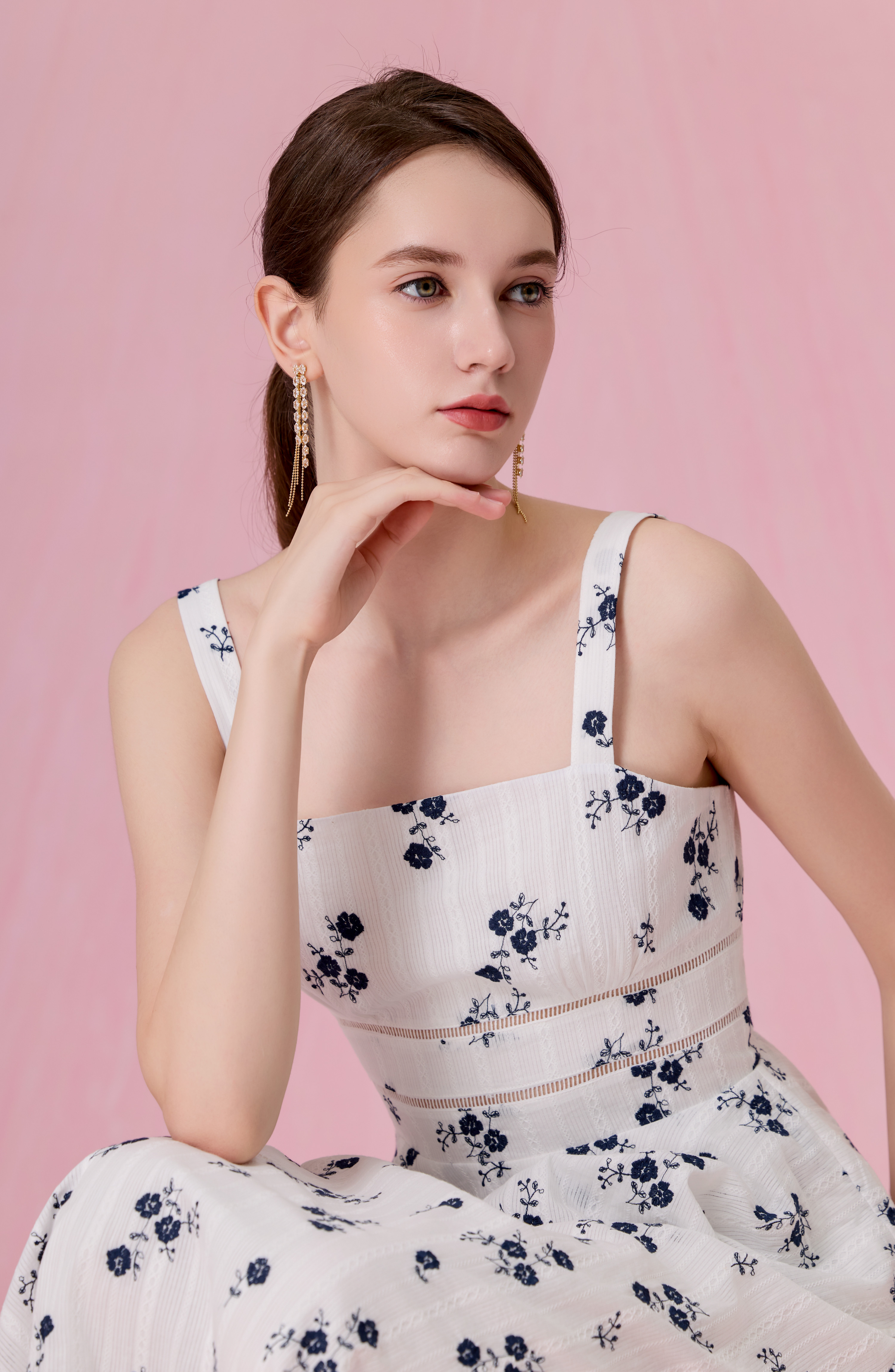 Cherrelle White With Embroidered Navy Floral Peplum Maxi Dress