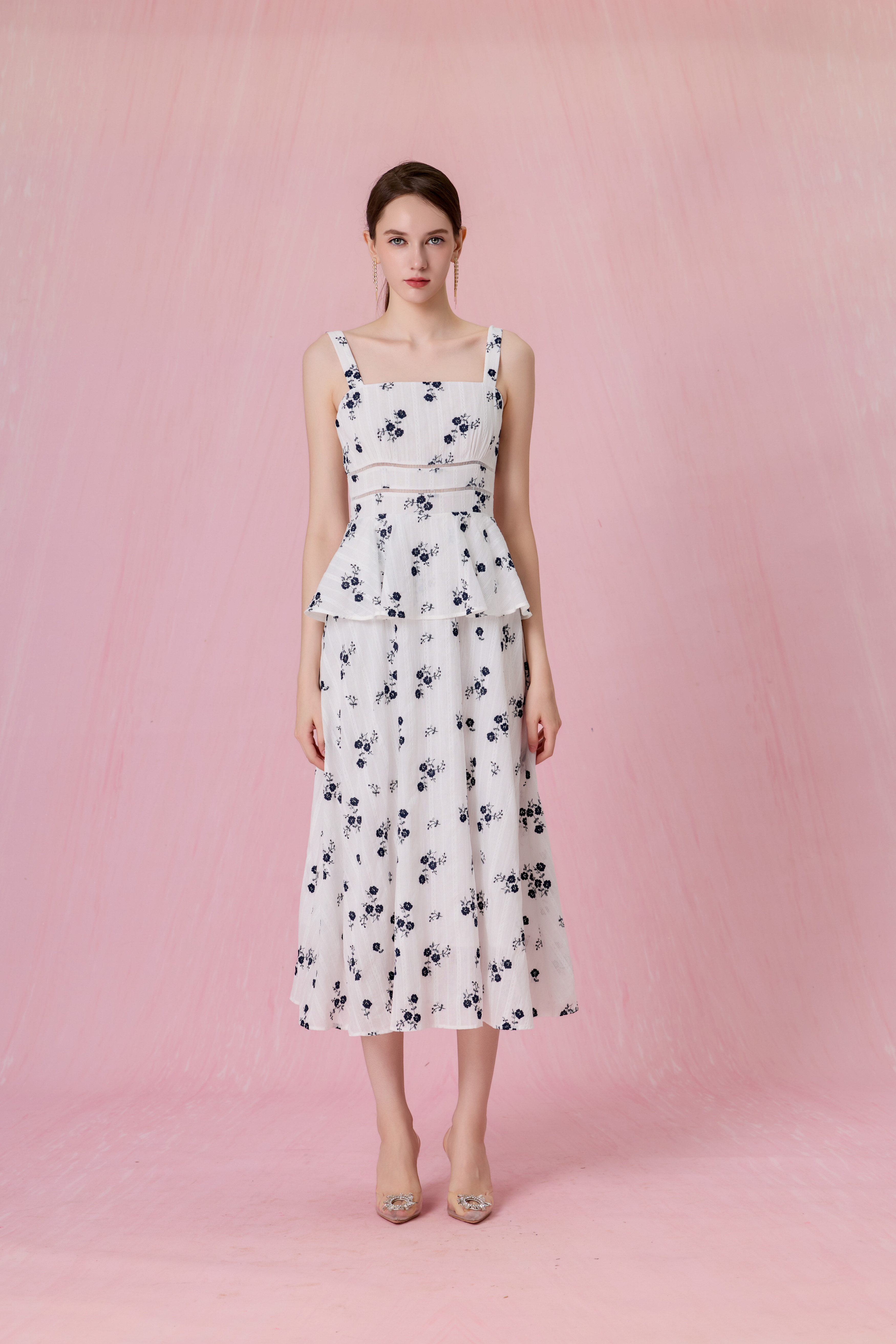 Cherrelle White With Embroidered Navy Floral Peplum Maxi Dress