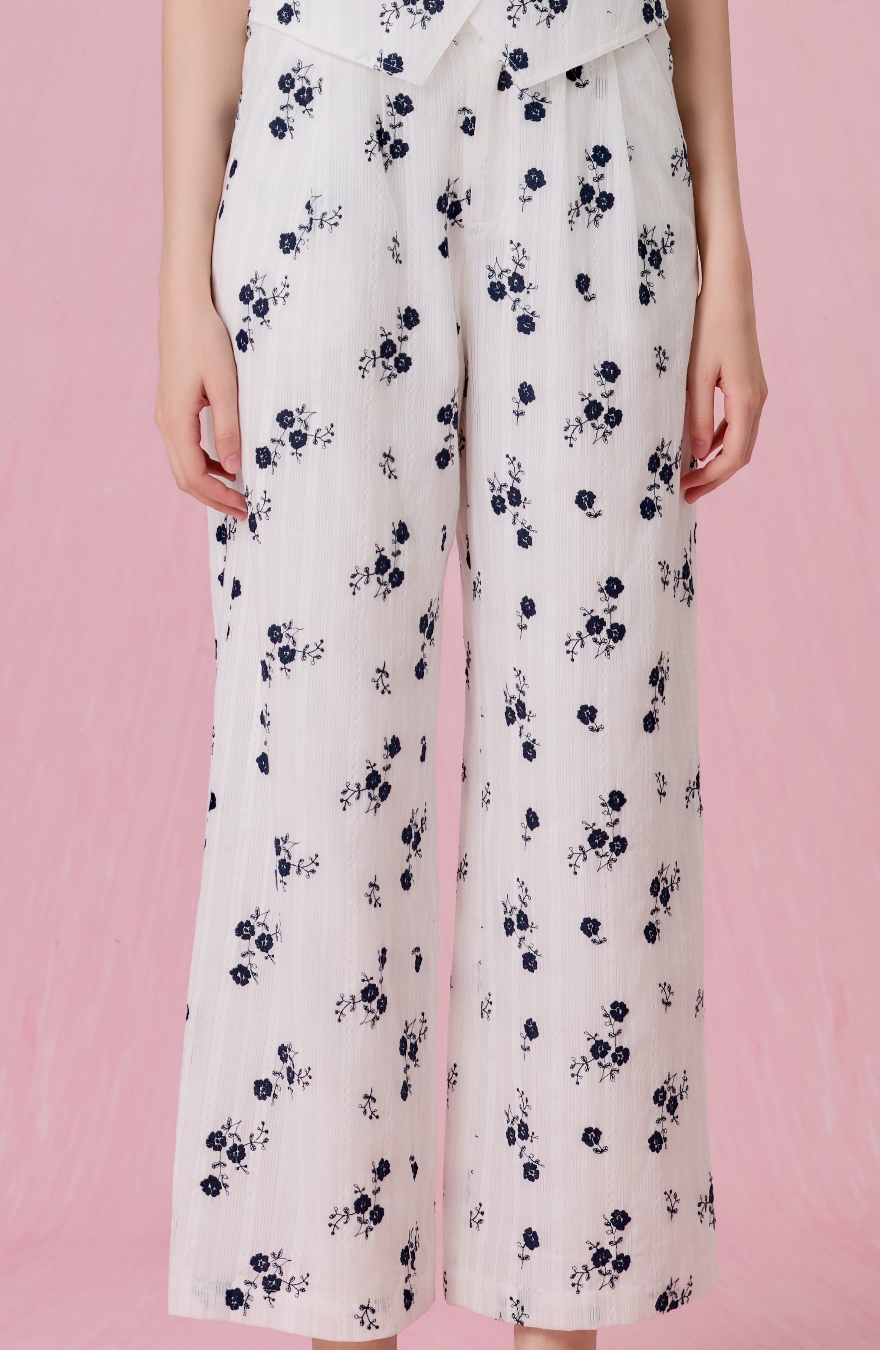 Coleta White With Embroidered Navy Floral Wide Leg Pants