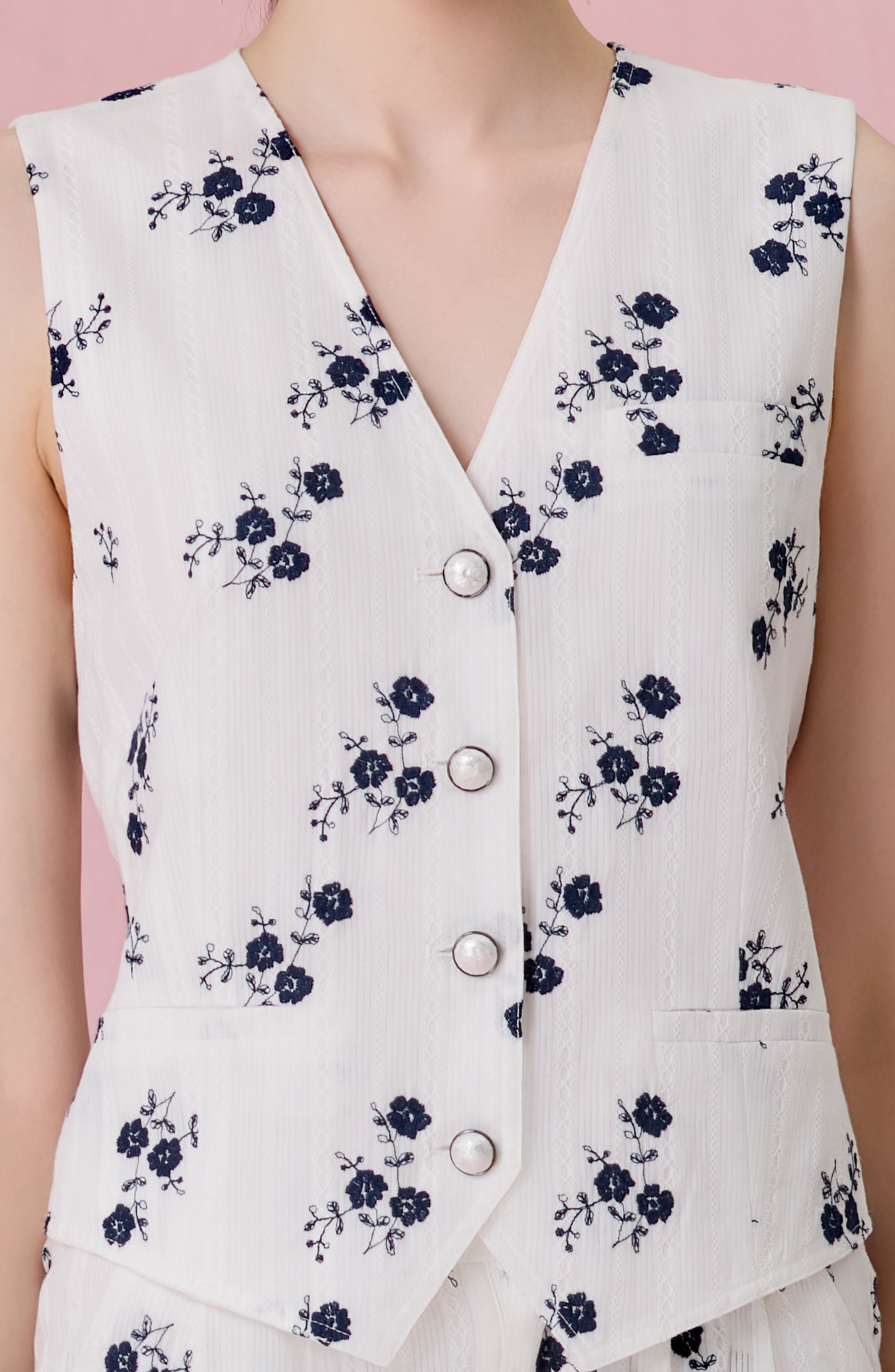Coleta White With Embroidered Navy Floral Vest Top