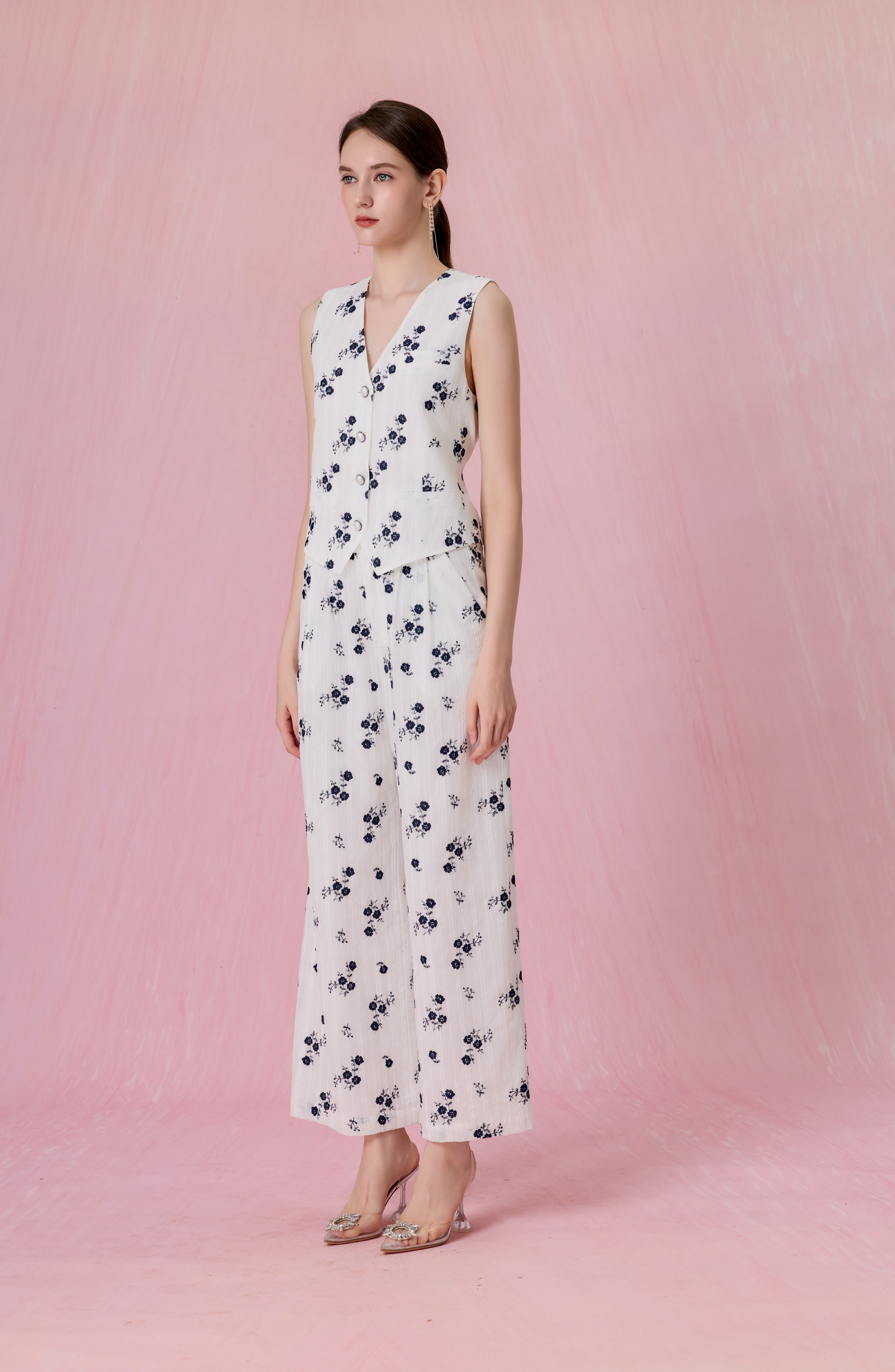Coleta White With Embroidered Navy Floral Vest Top