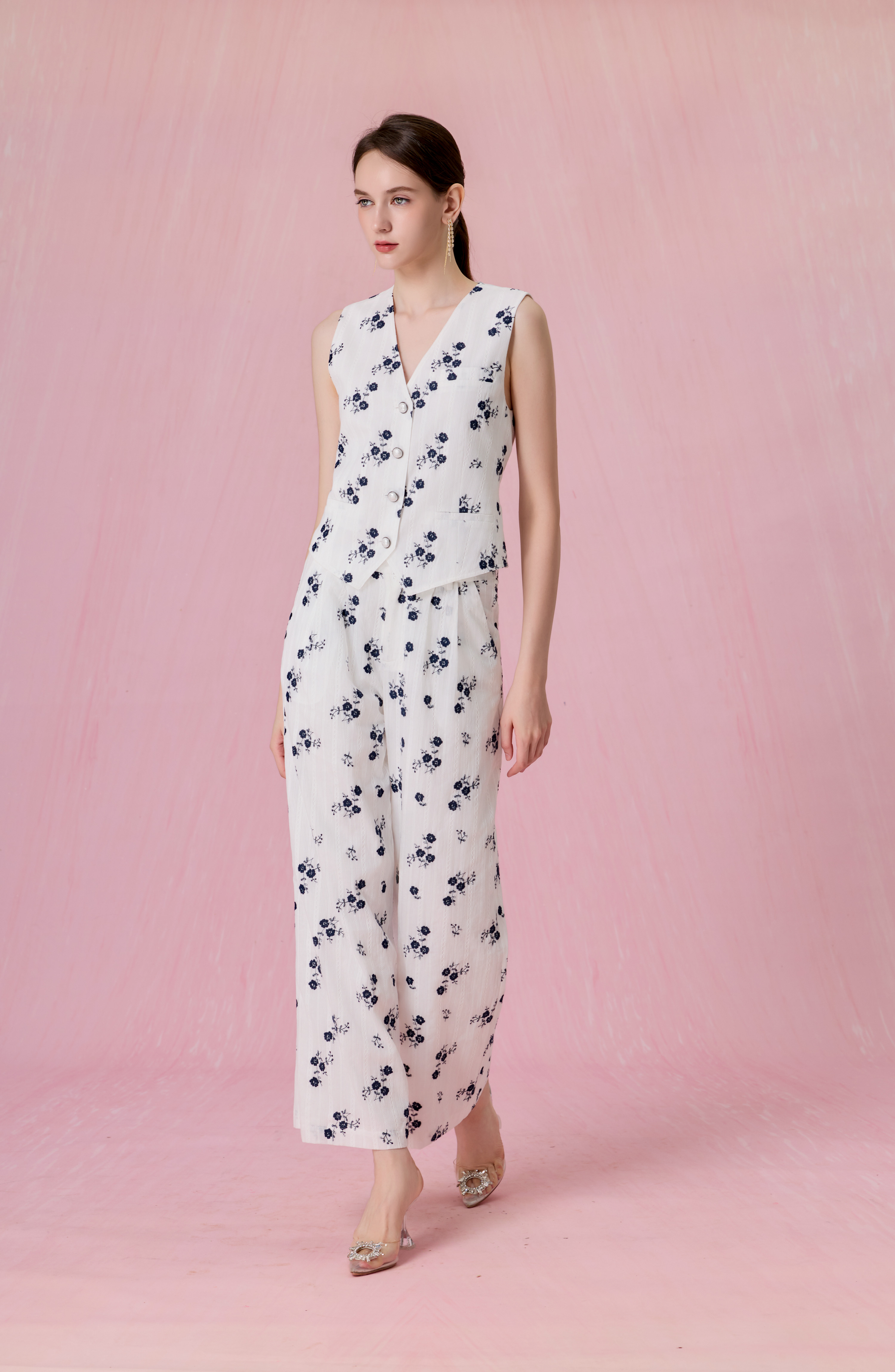 Coleta White With Embroidered Navy Floral Vest Top