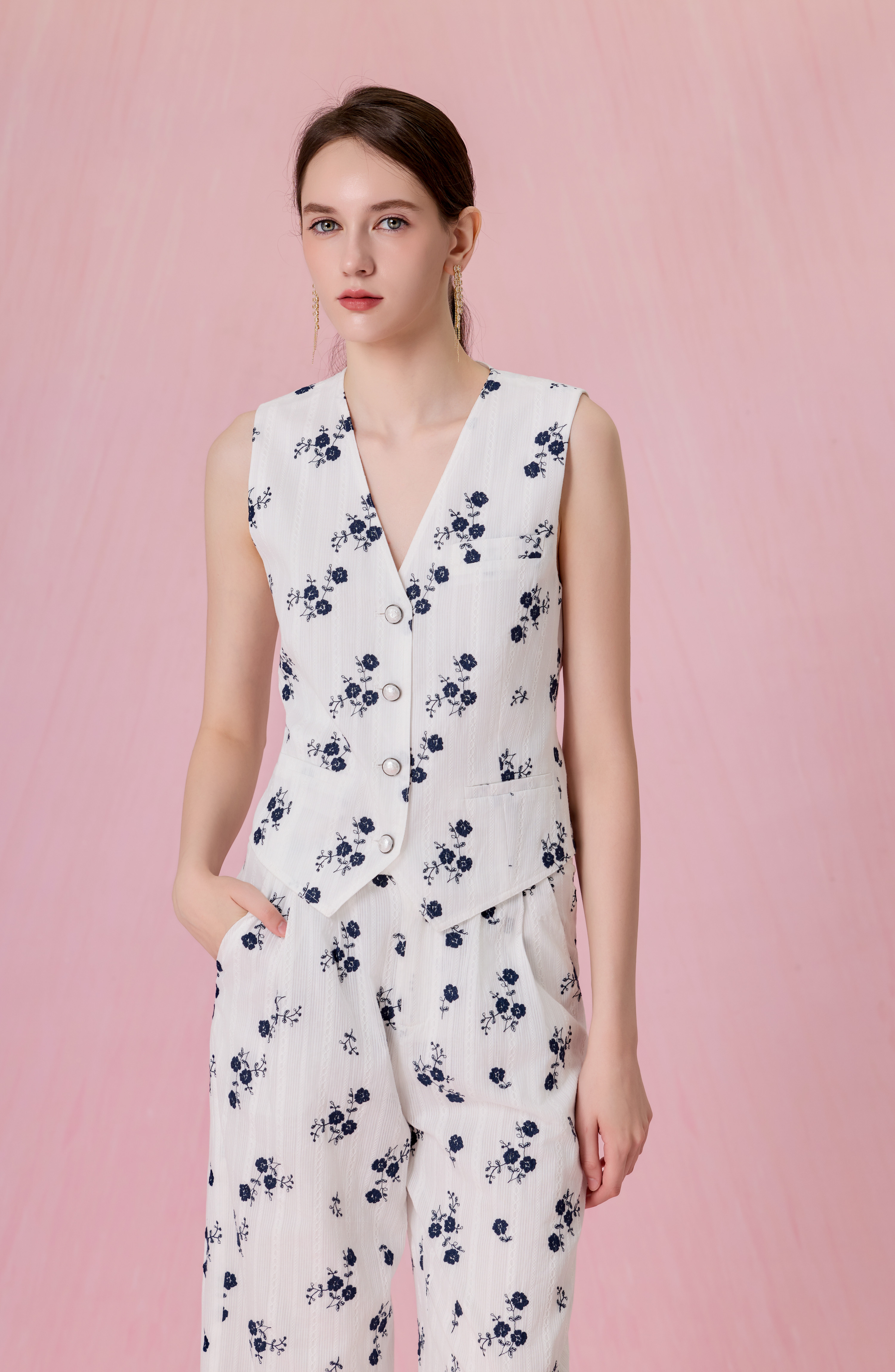 Coleta White With Embroidered Navy Floral Vest Top