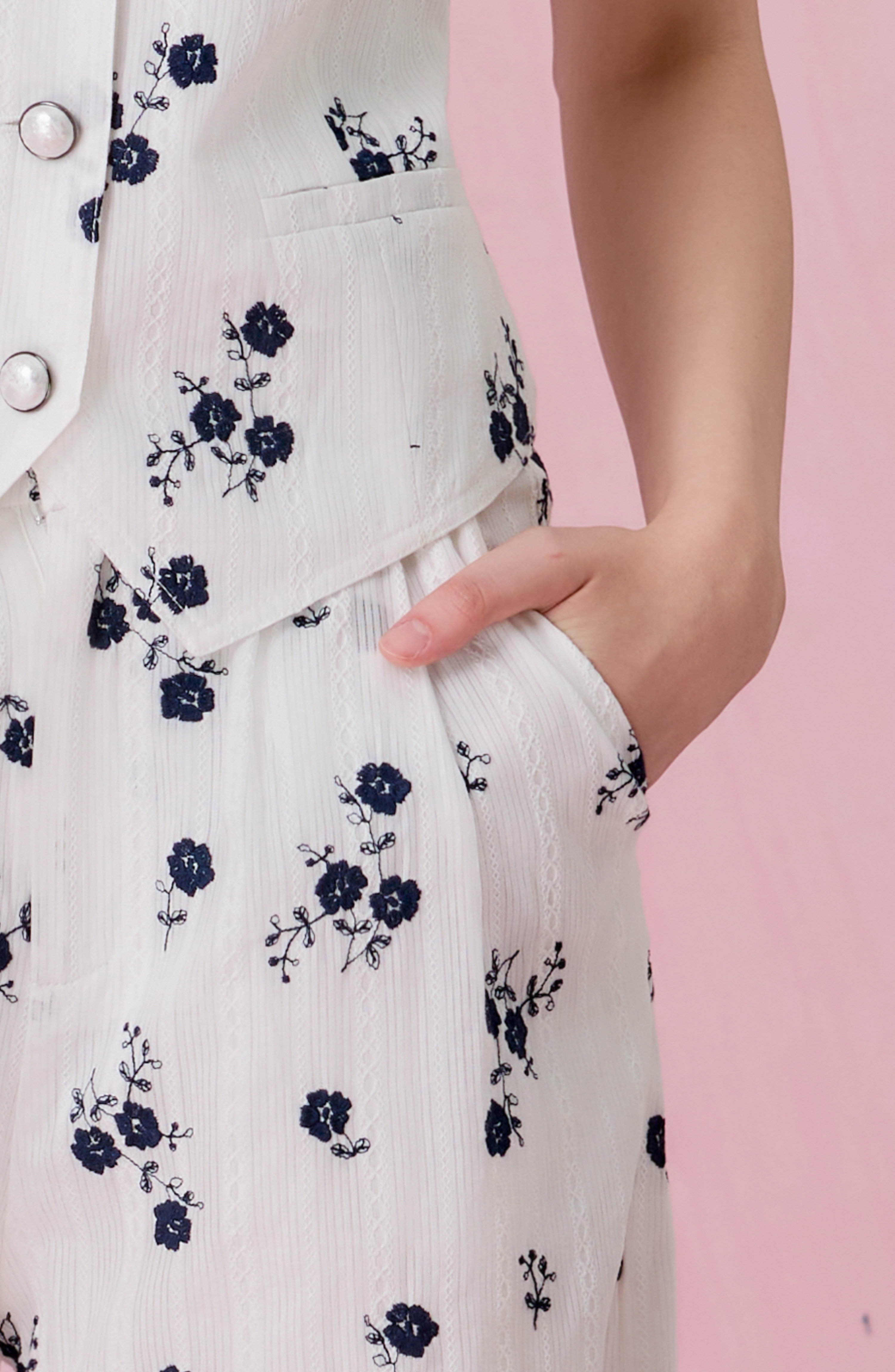 Coleta White With Embroidered Navy Floral Wide Leg Pants
