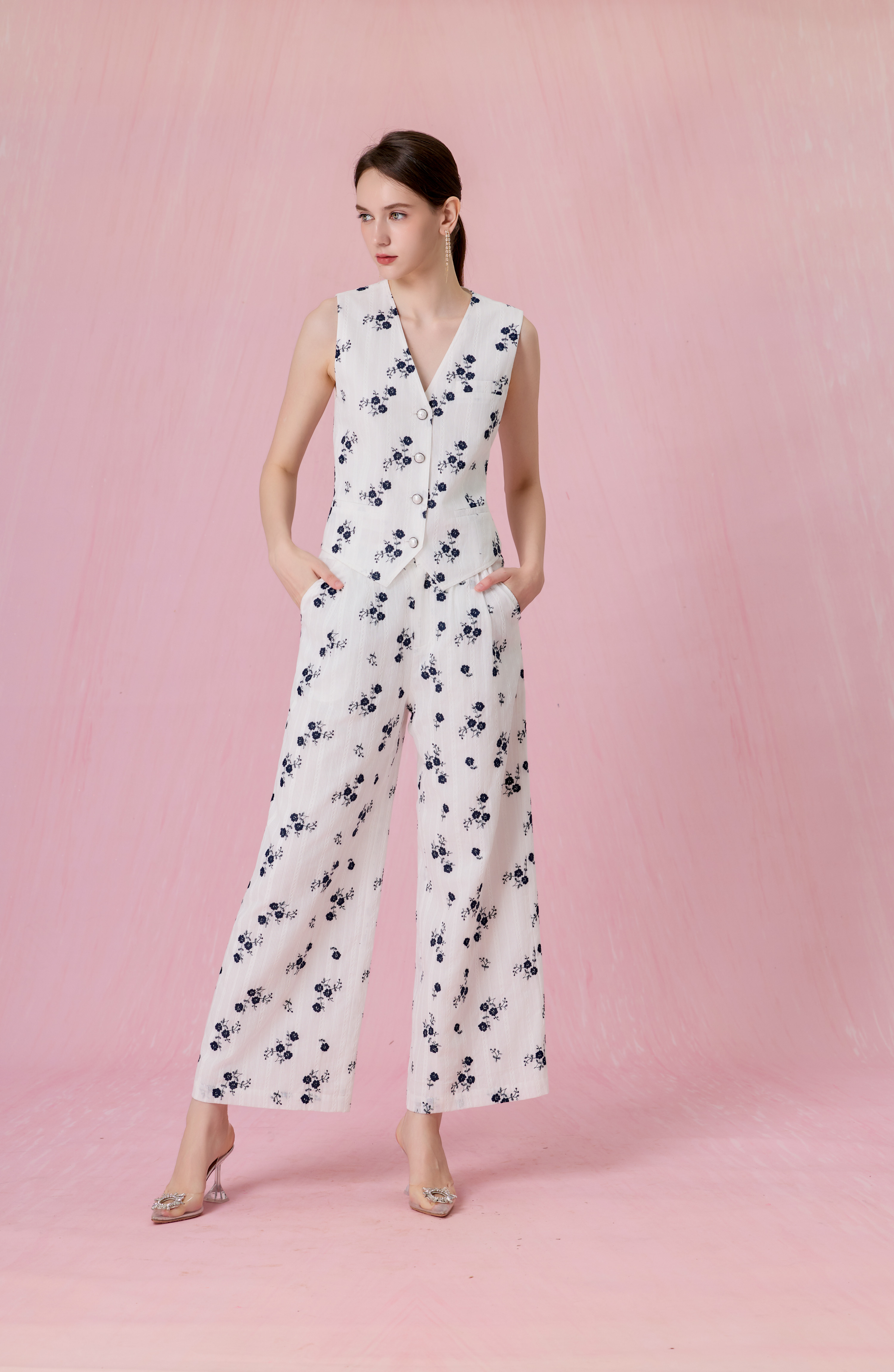 Coleta White With Embroidered Navy Floral Wide Leg Pants