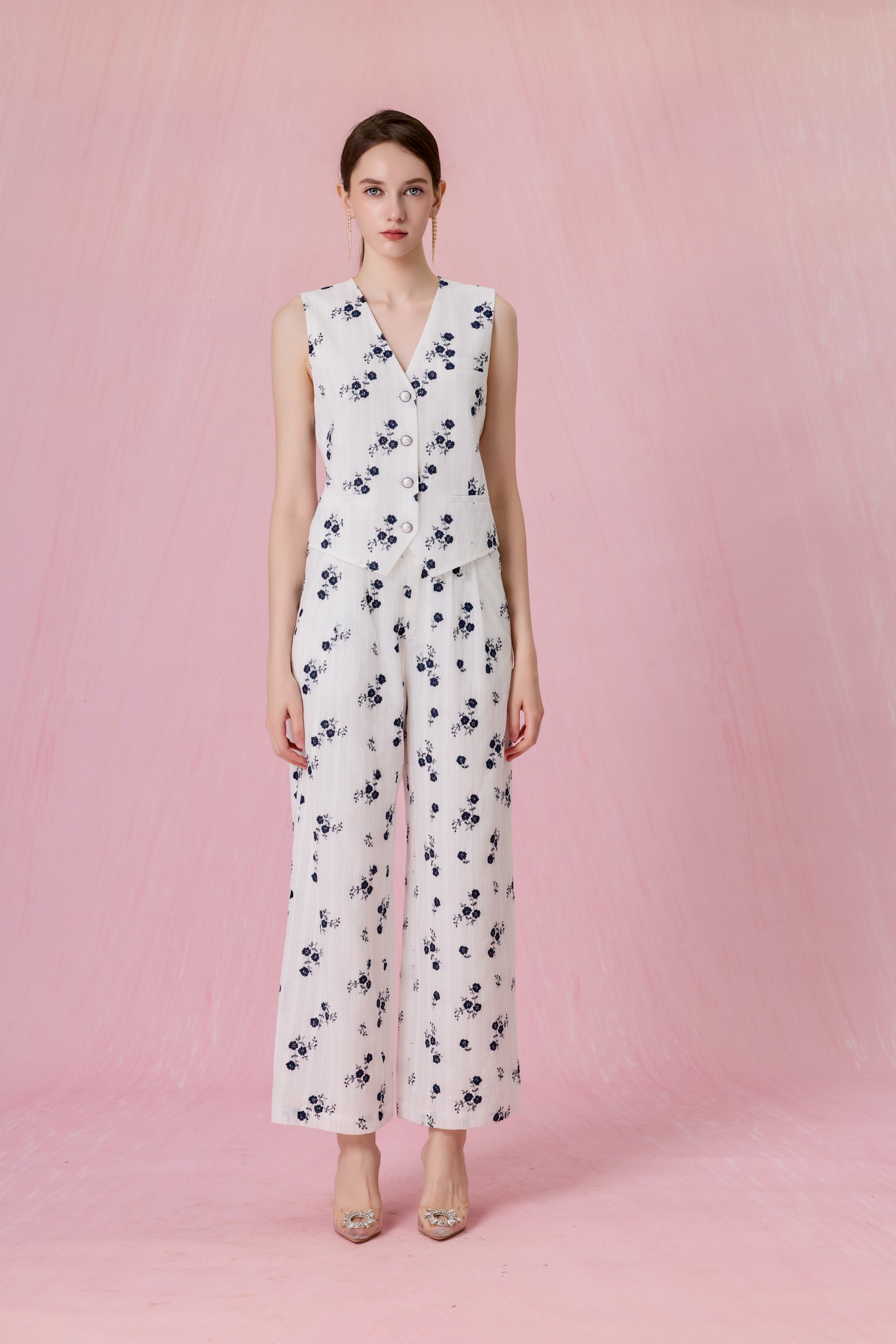 Coleta White With Embroidered Navy Floral Wide Leg Pants