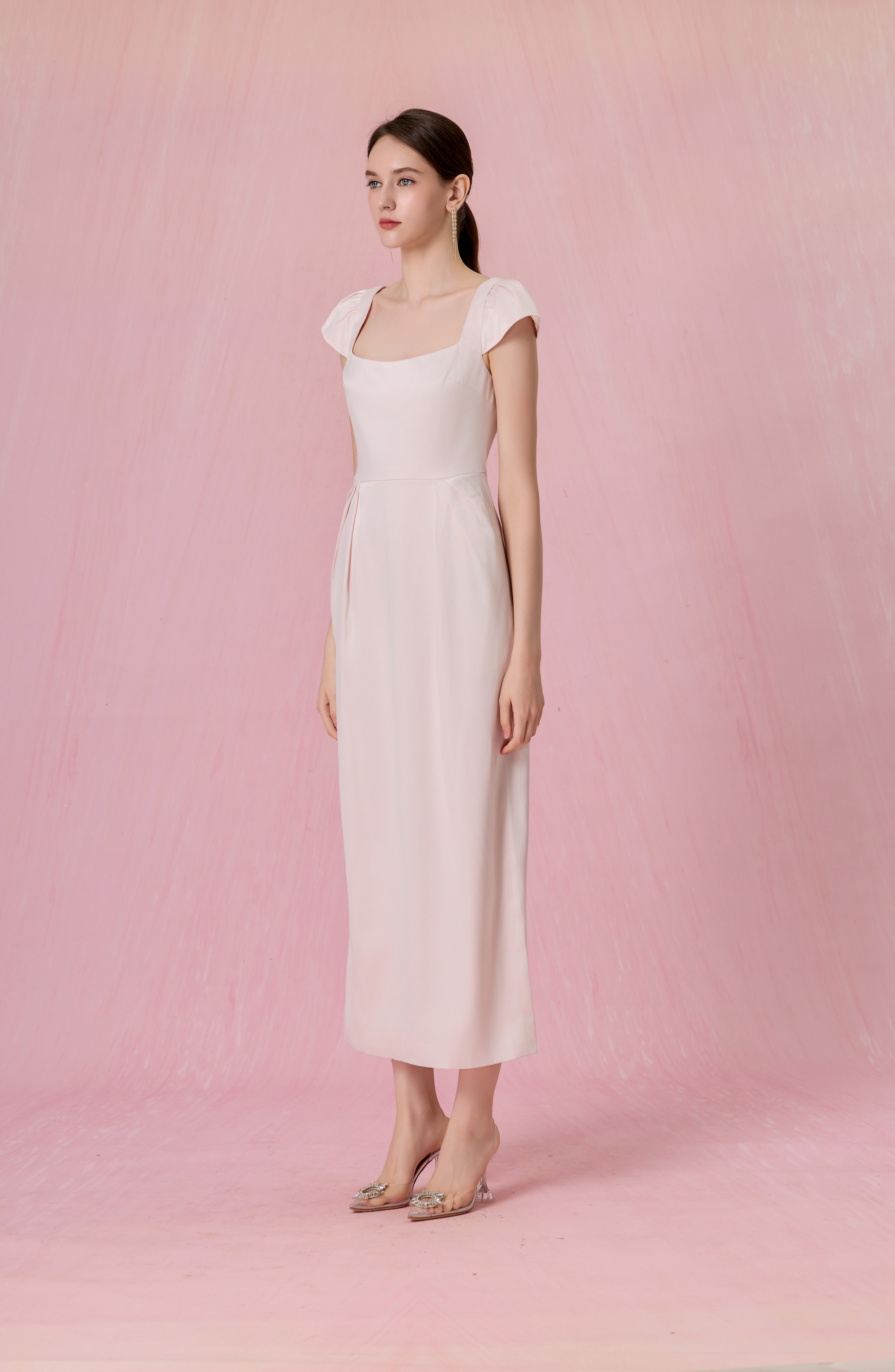 Cherishe Light Pink Puff-Cap Sleeves Midi Dress