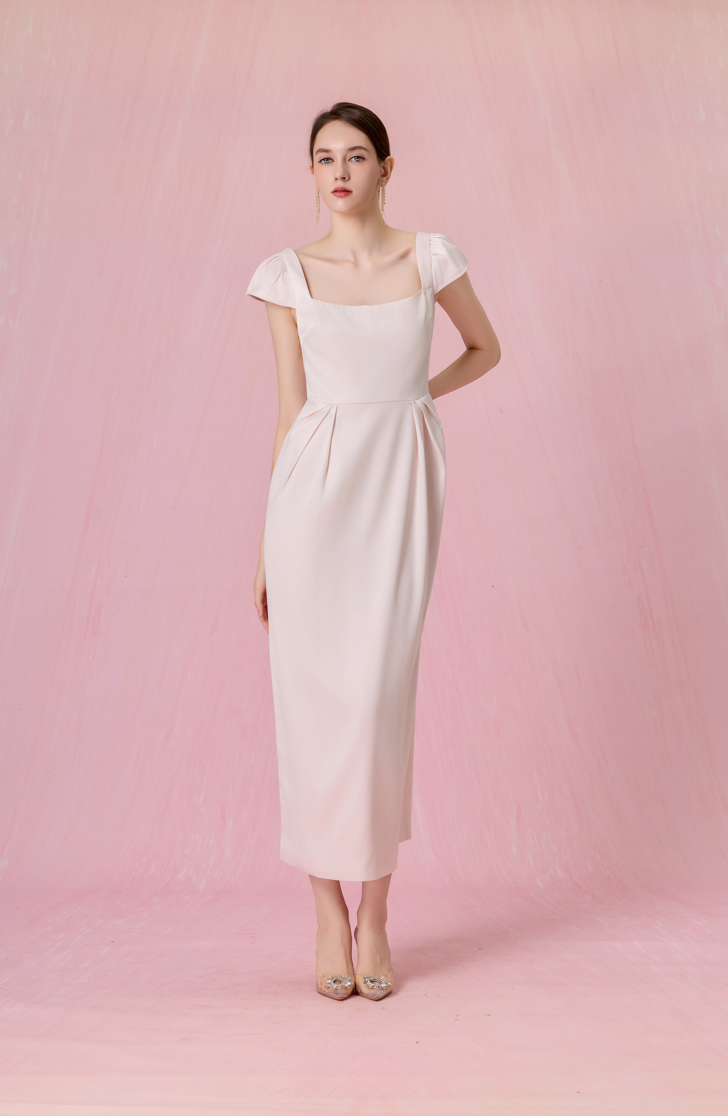 Cherishe Light Pink Puff-Cap Sleeves Midi Dress