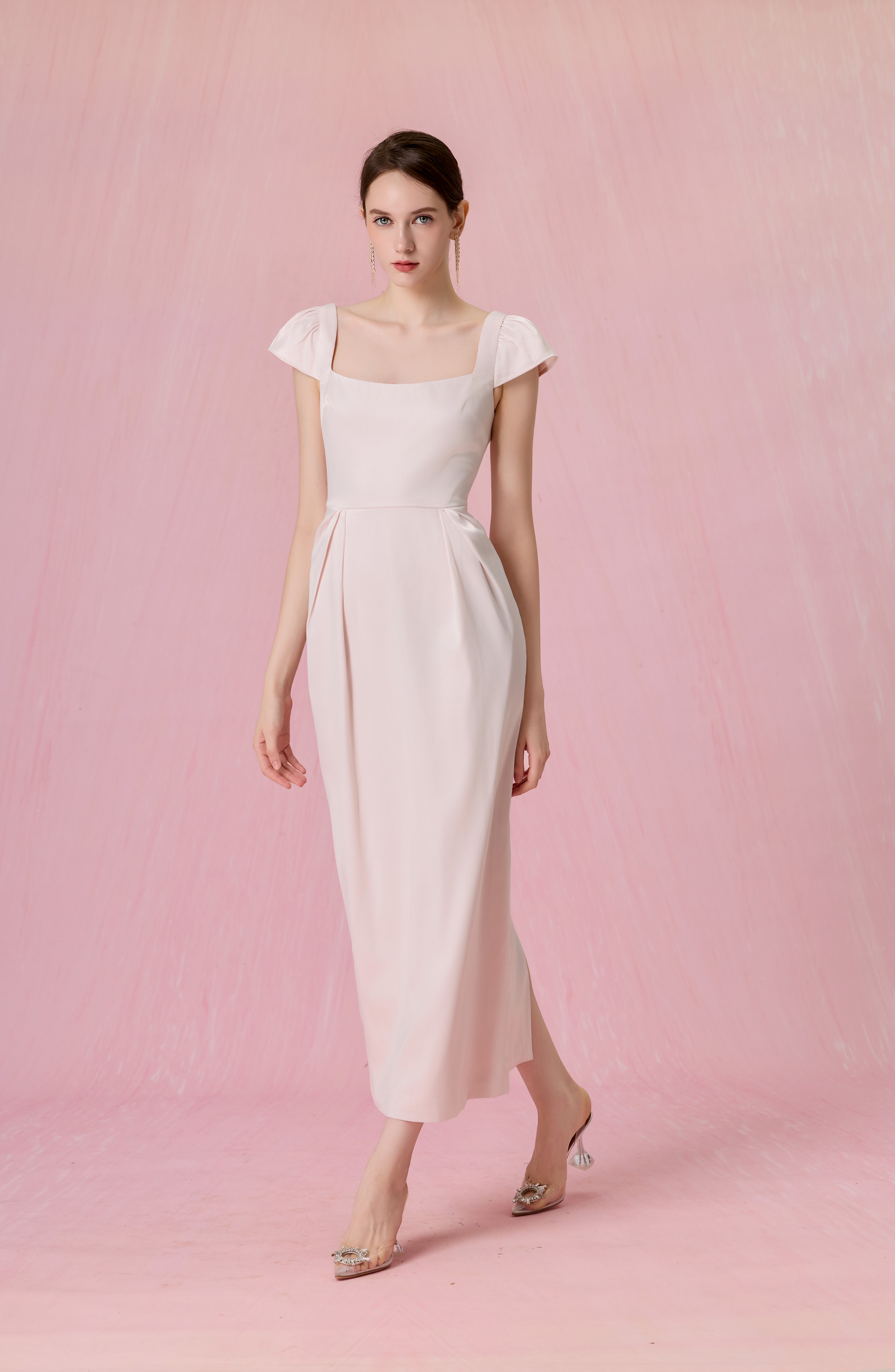 Cherishe Light Pink Puff-Cap Sleeves Midi Dress
