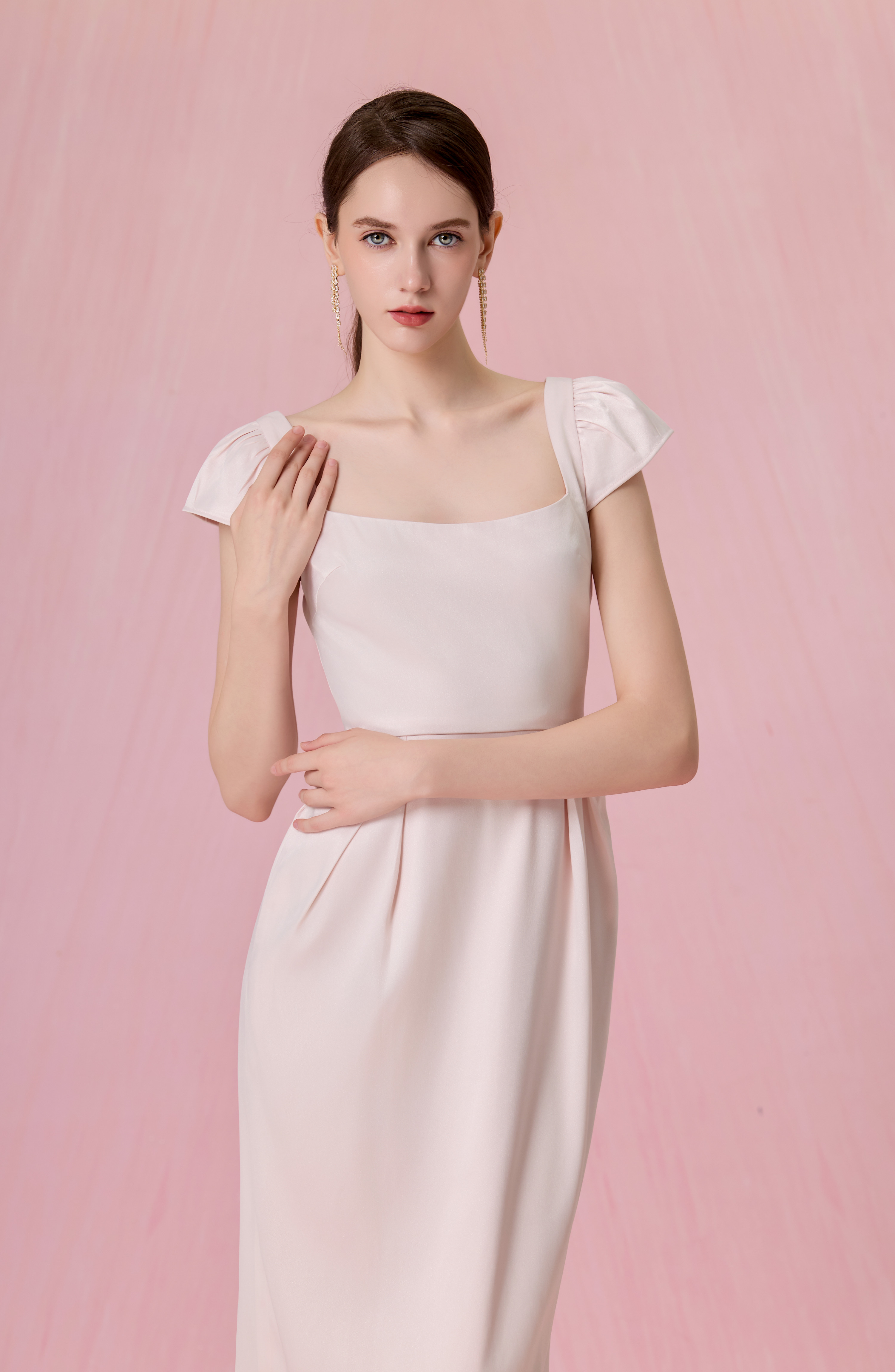 Cherishe Light Pink Puff-Cap Sleeves Midi Dress