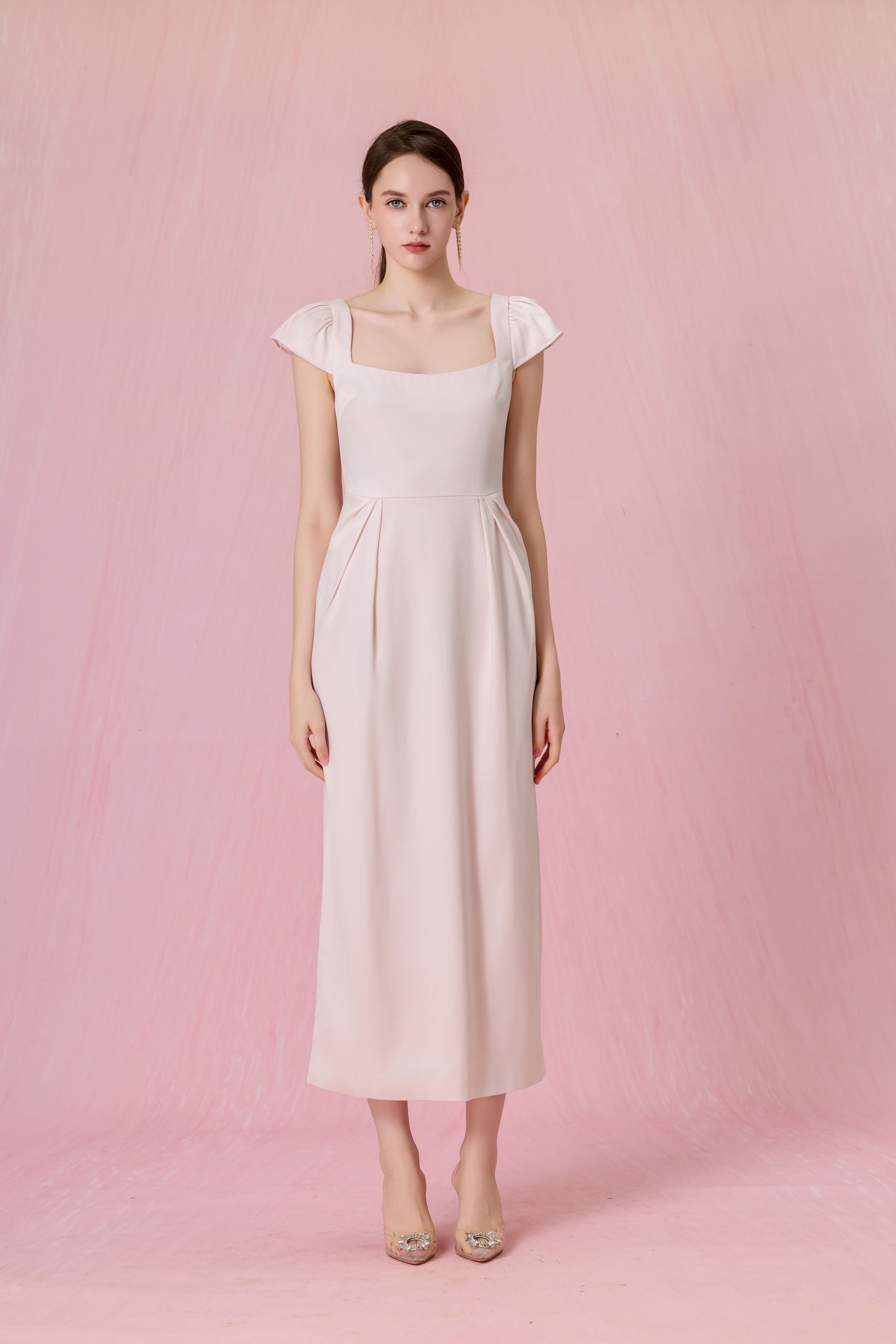 Cherishe Light Pink Puff-Cap Sleeves Midi Dress