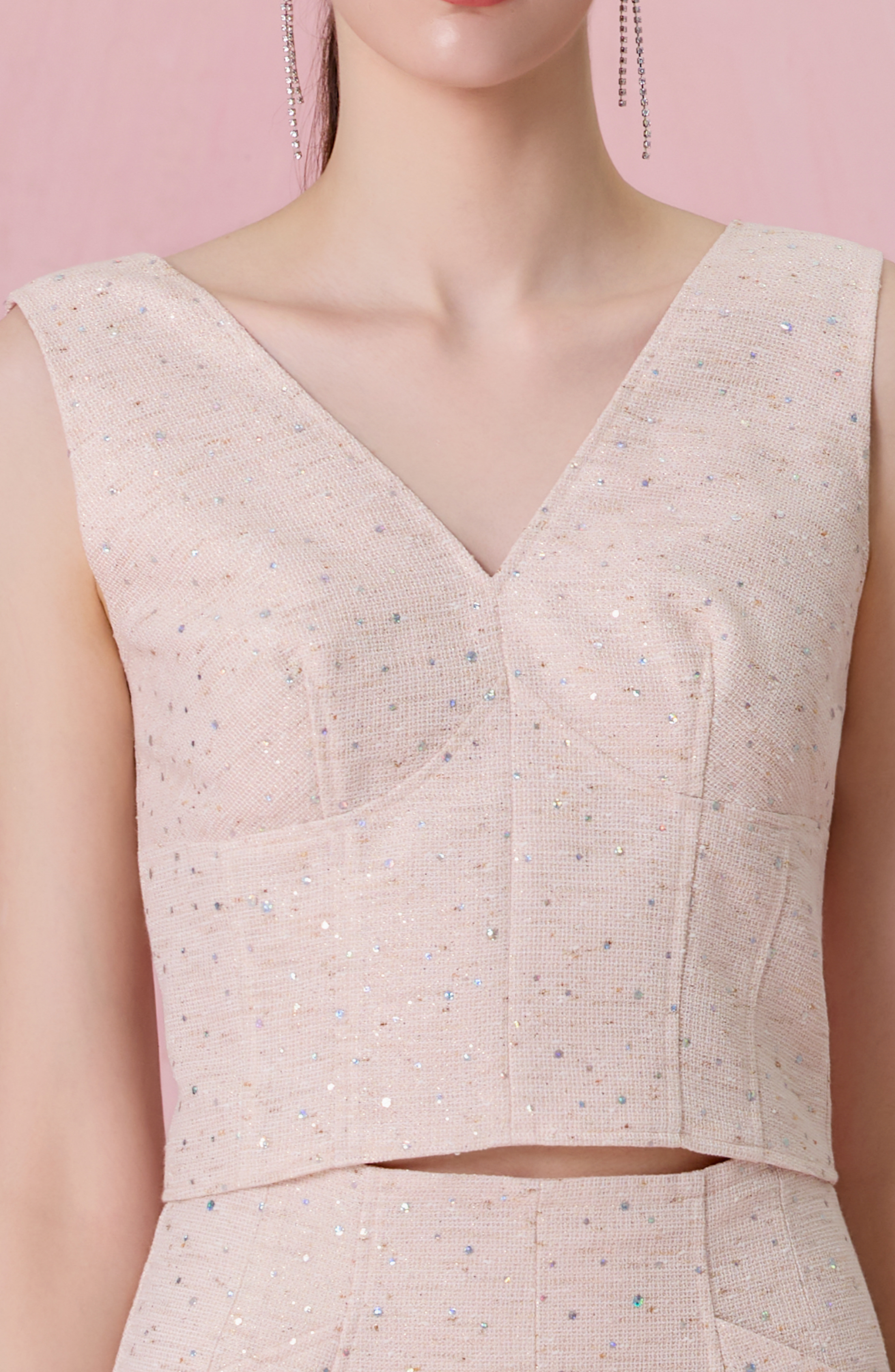 Cherree Light Pink Tweed V-Neck Cropped Top
