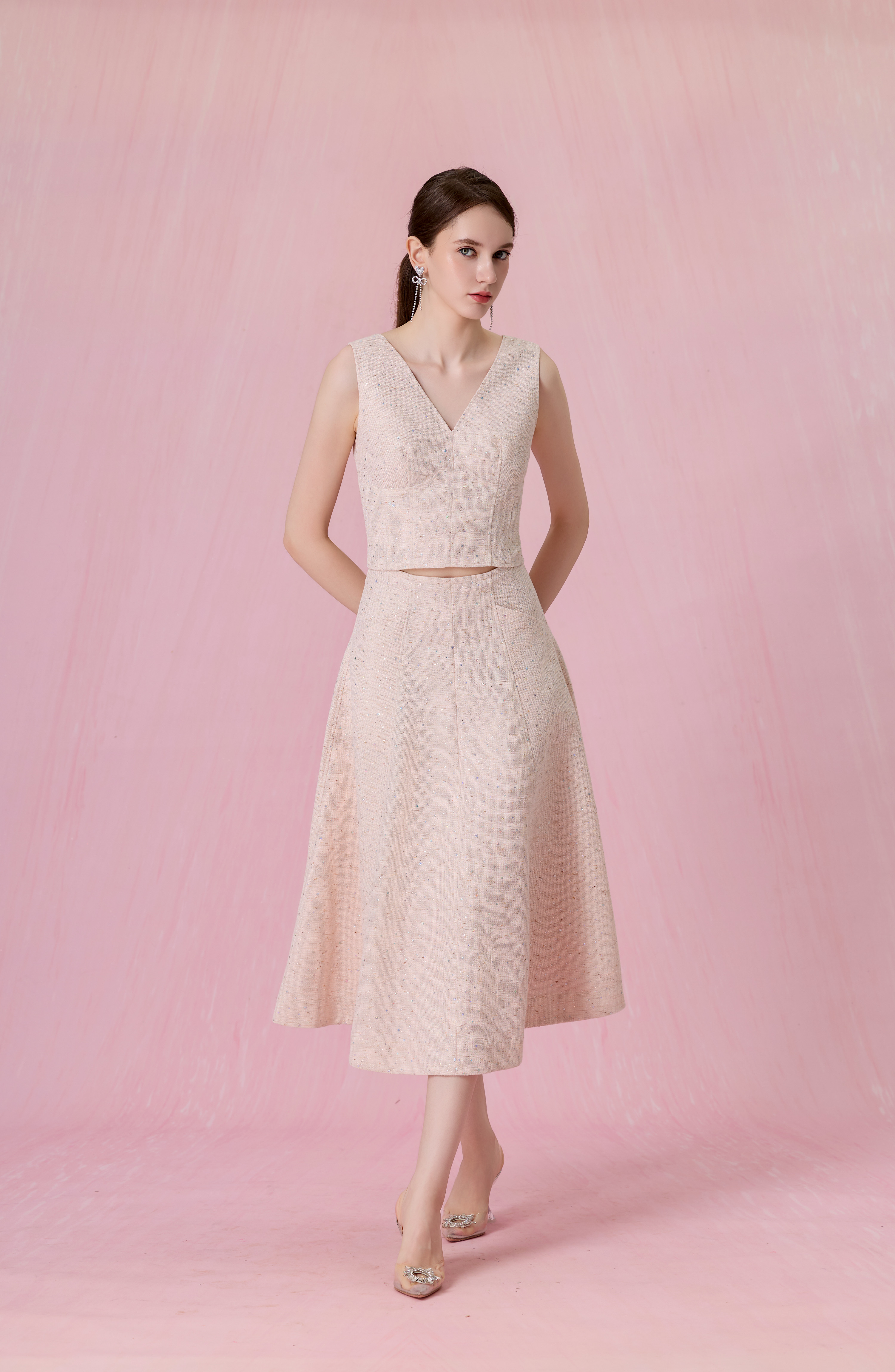 Cherree Light Pink Tweed V-Neck Cropped Top