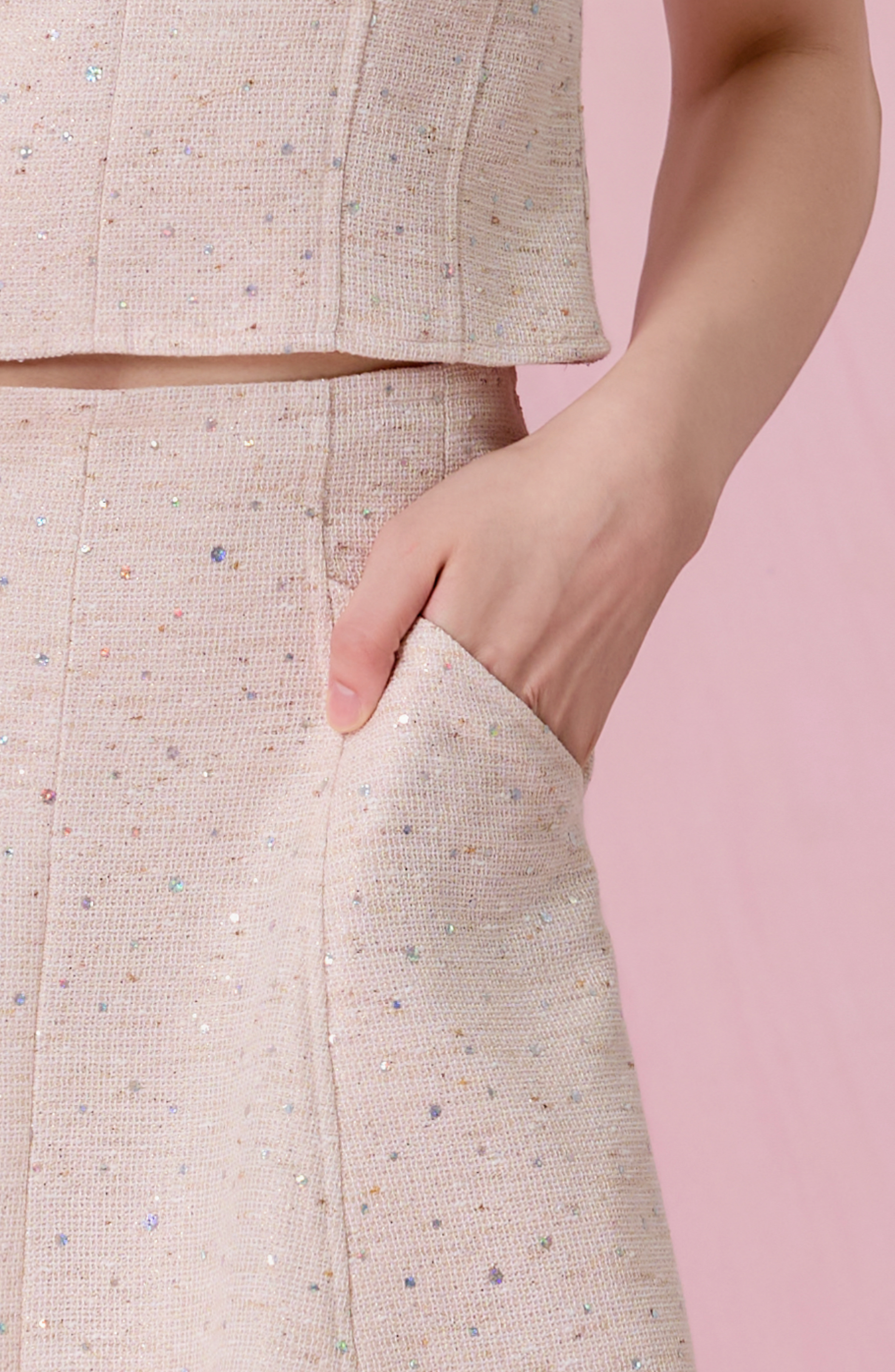 Cherree Light Pink Tweed A-Line Midi Skirt