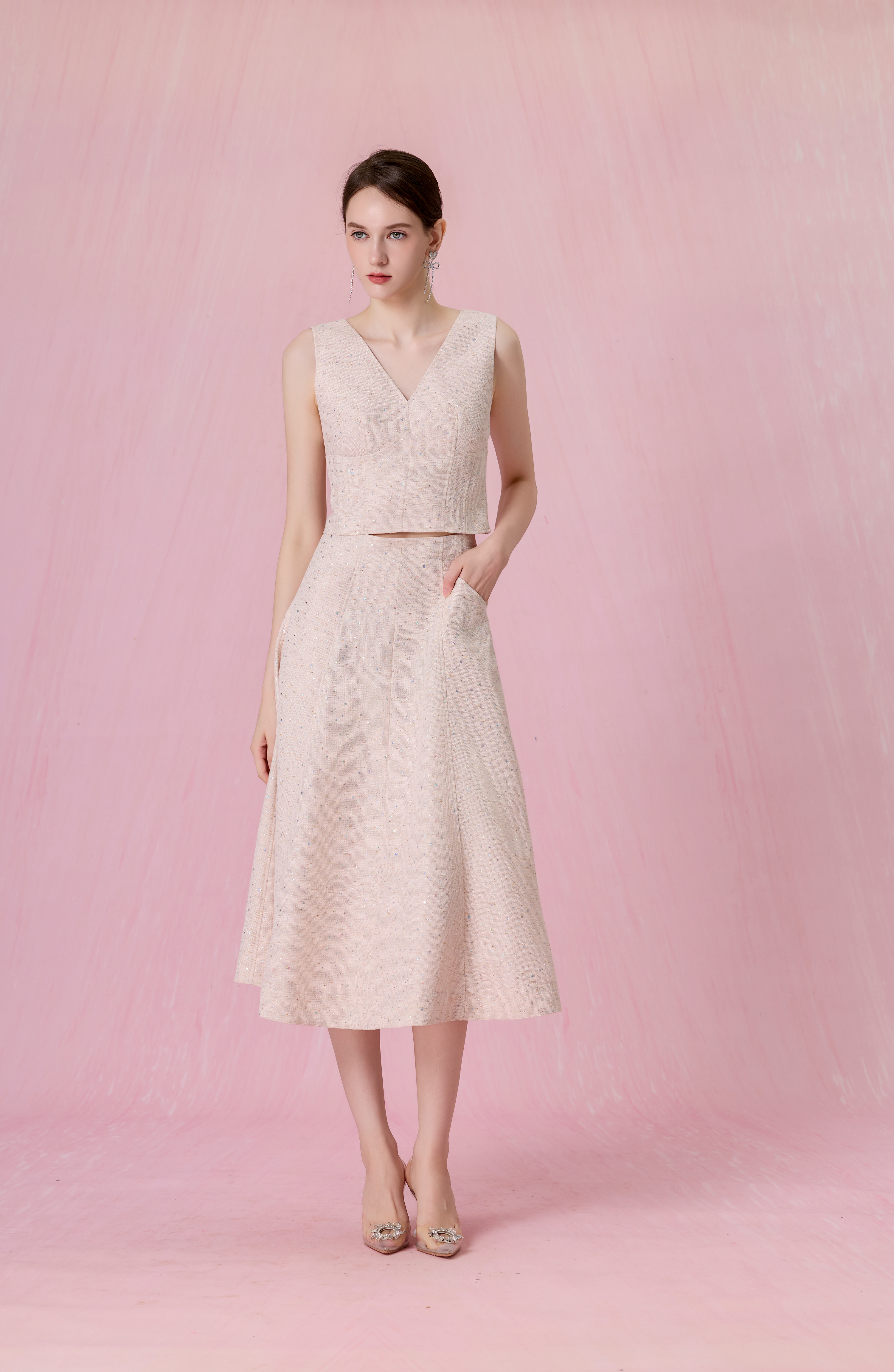 Cherree Light Pink Tweed A-Line Midi Skirt