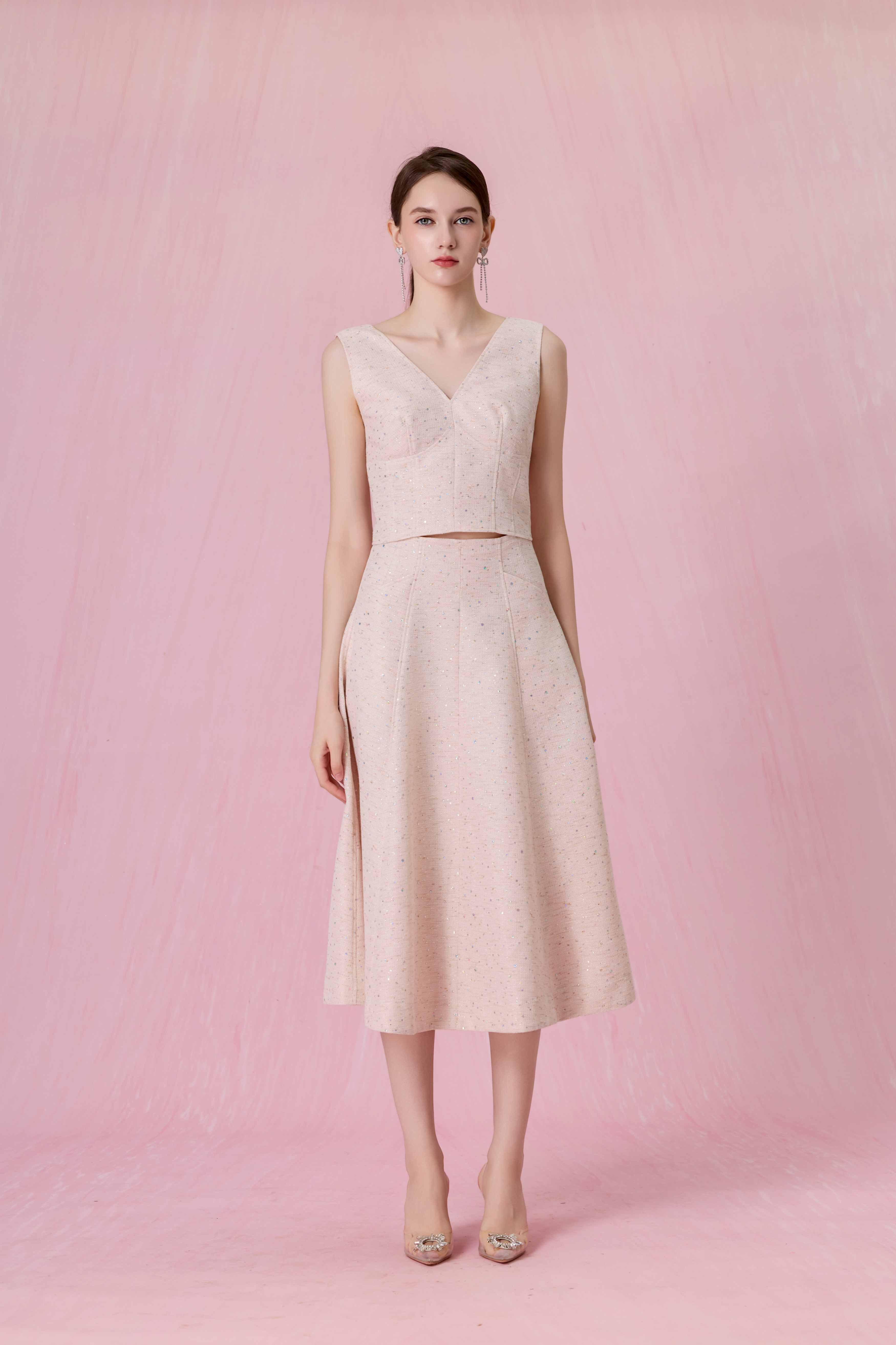Cherree Light Pink Tweed A-Line Midi Skirt